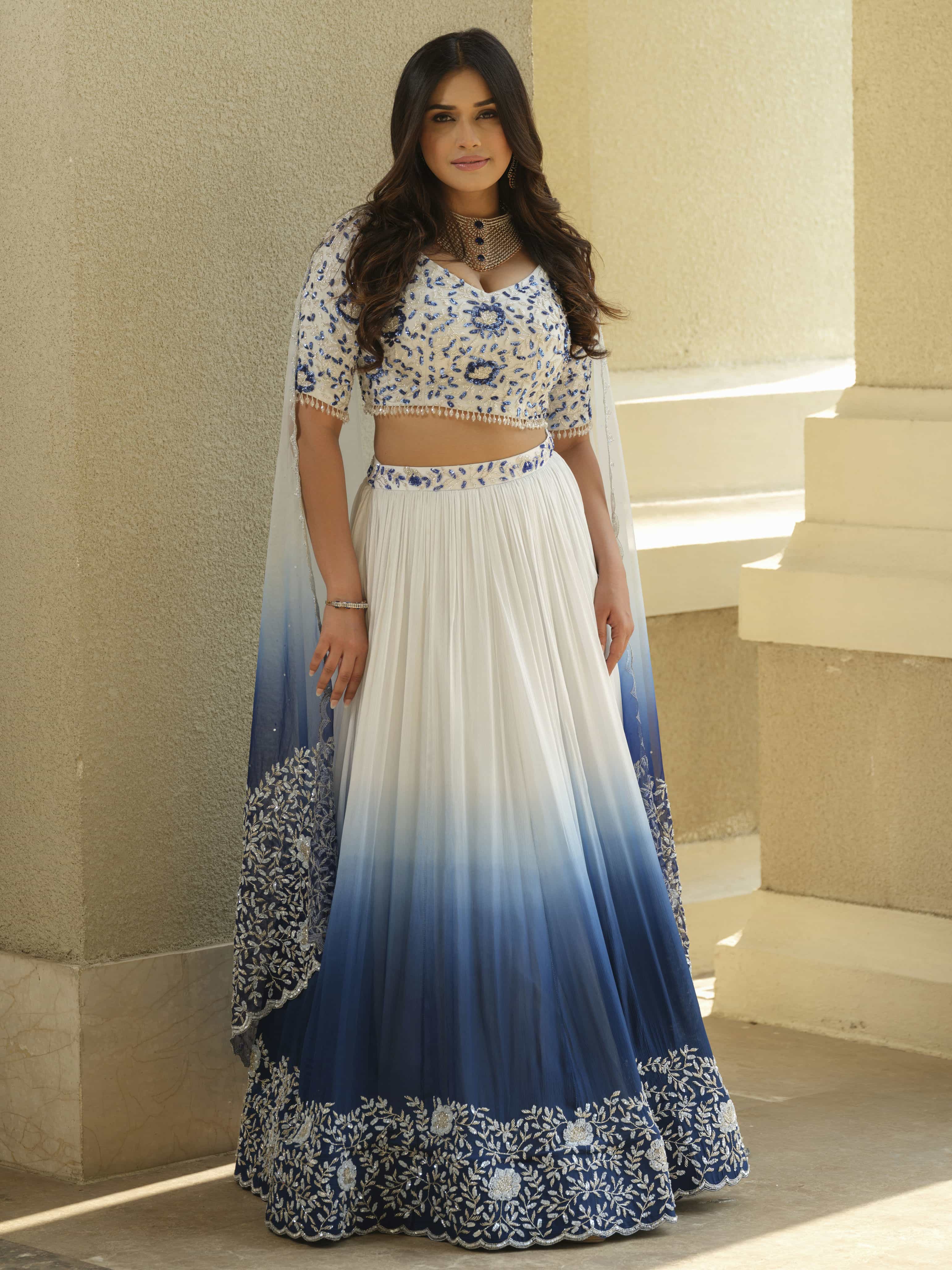 White Blue Ombre Moss Crepe Lehenga with Organza Dupatta