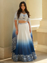 White Blue Ombre Moss Crepe Lehenga with Organza Dupatta
