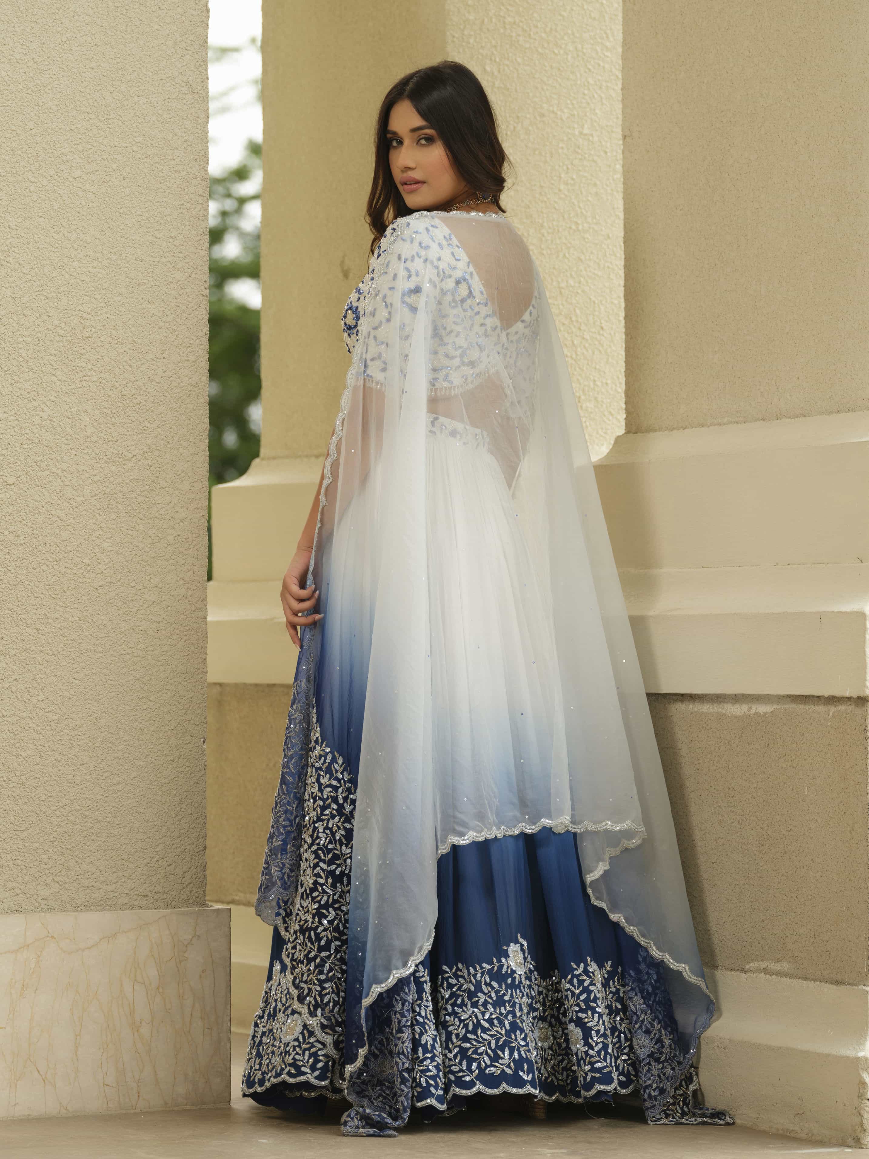 White Blue Ombre Moss Crepe Lehenga with Organza Dupatta
