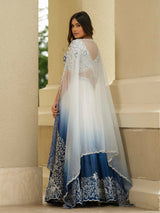 White Blue Ombre Moss Crepe Lehenga with Organza Dupatta