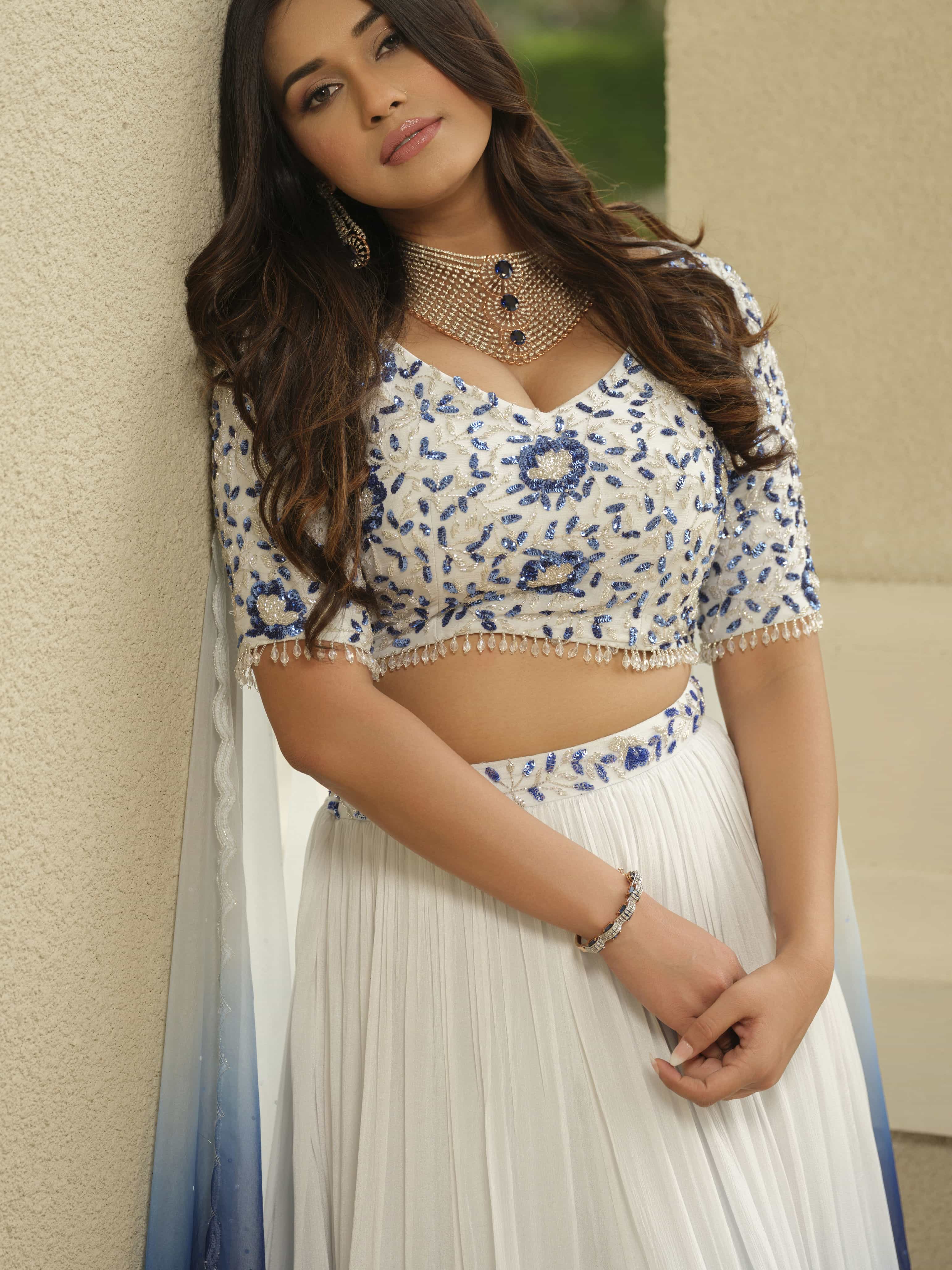 White Blue Ombre Moss Crepe Lehenga with Organza Dupatta