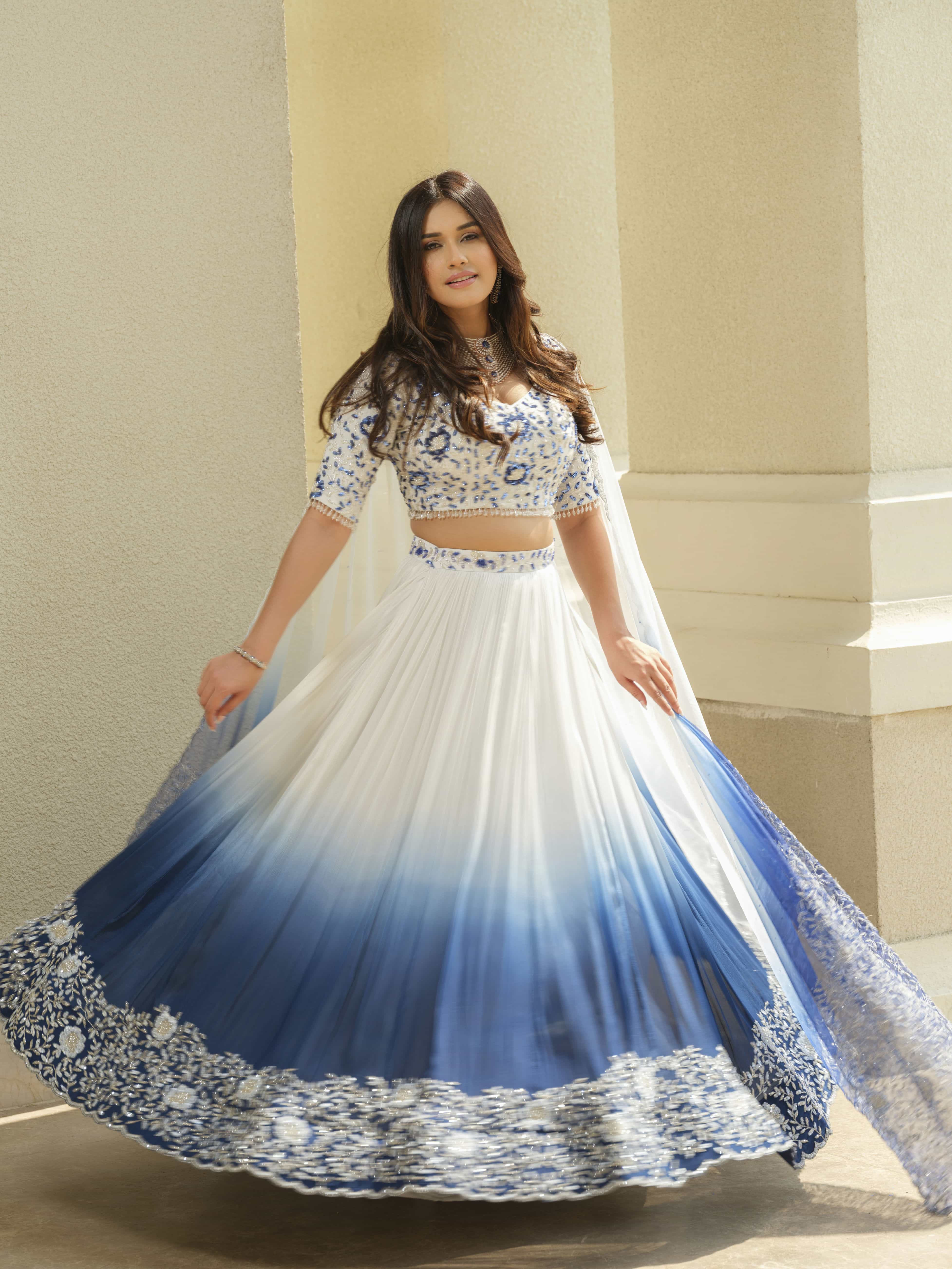 White Blue Ombre Moss Crepe Lehenga with Organza Dupatta
