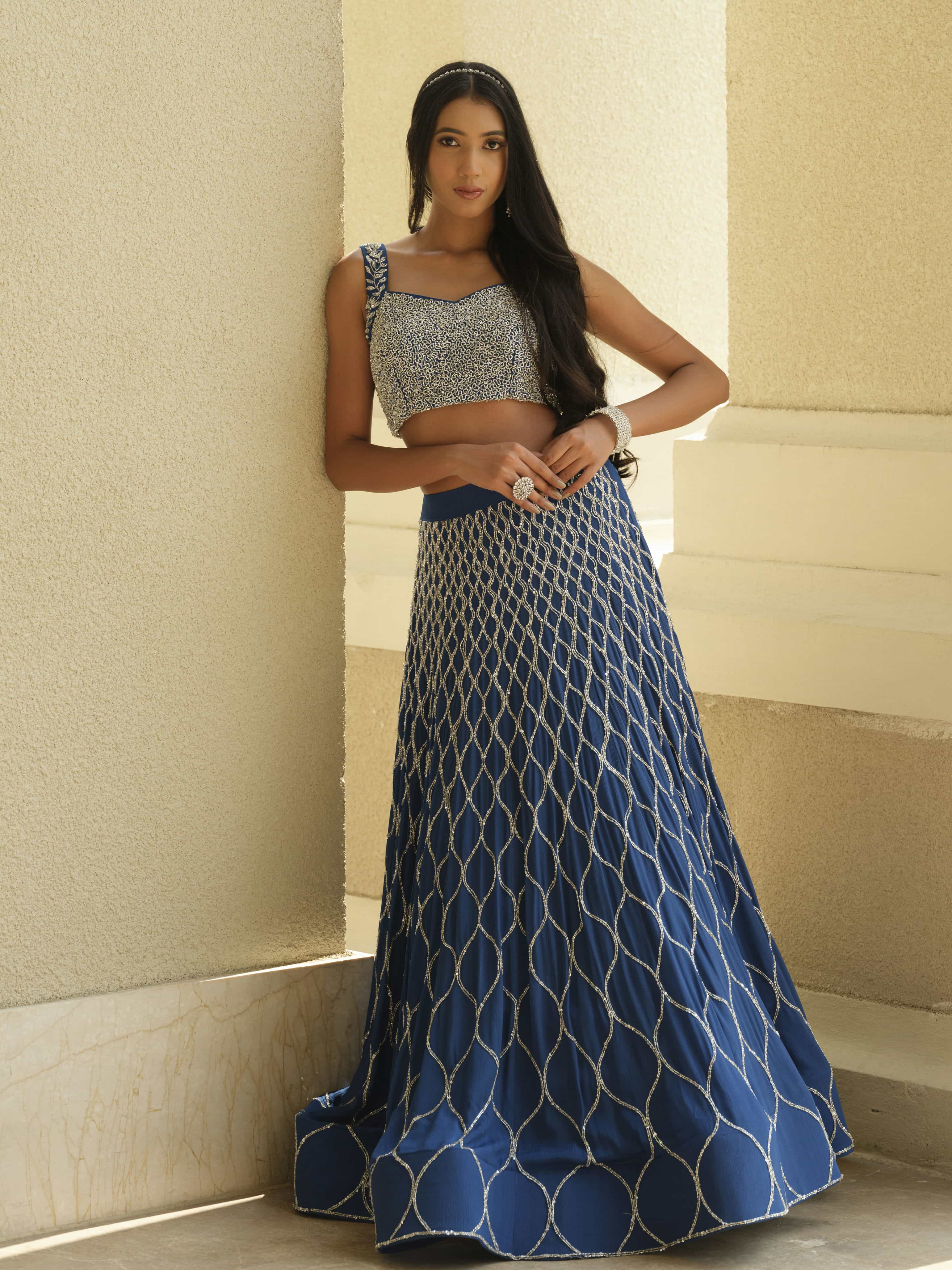 Royal Blue Moss Crepe Lehenga with Jaal Dupatta
