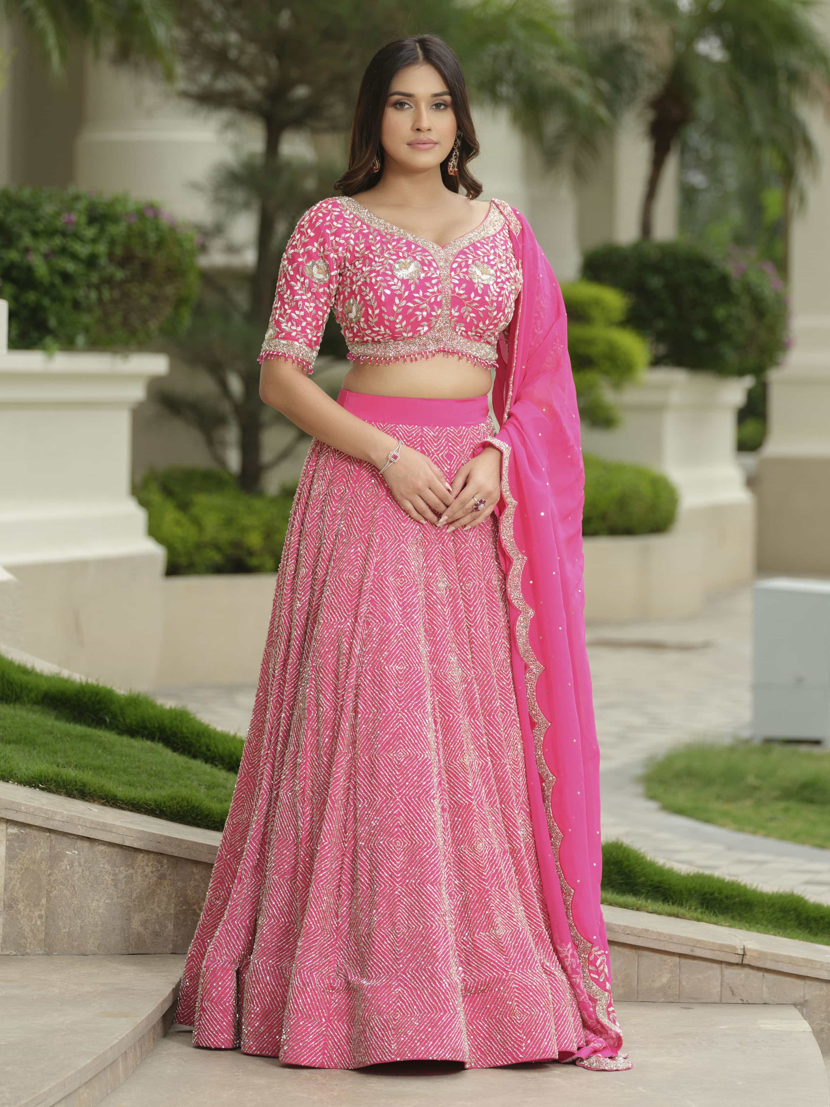 Pink Moss Crepe lehenga with Pure Tissue Dupatta