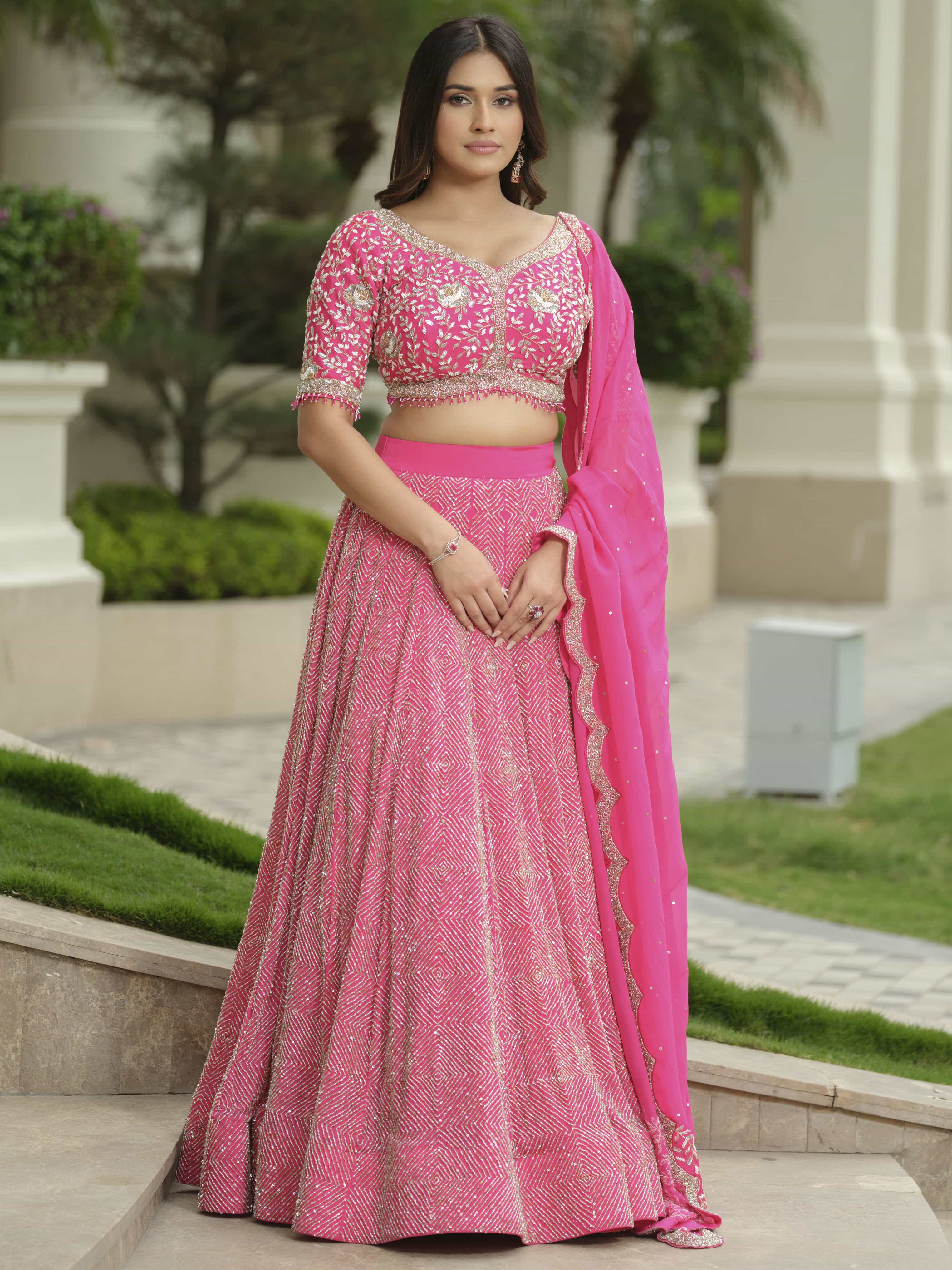 Pink Moss Crepe lehenga with Pure Tissue Dupatta