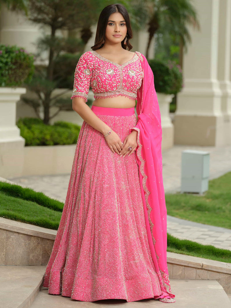 Pink Moss Crepe lehenga with Pure Tissue Dupatta