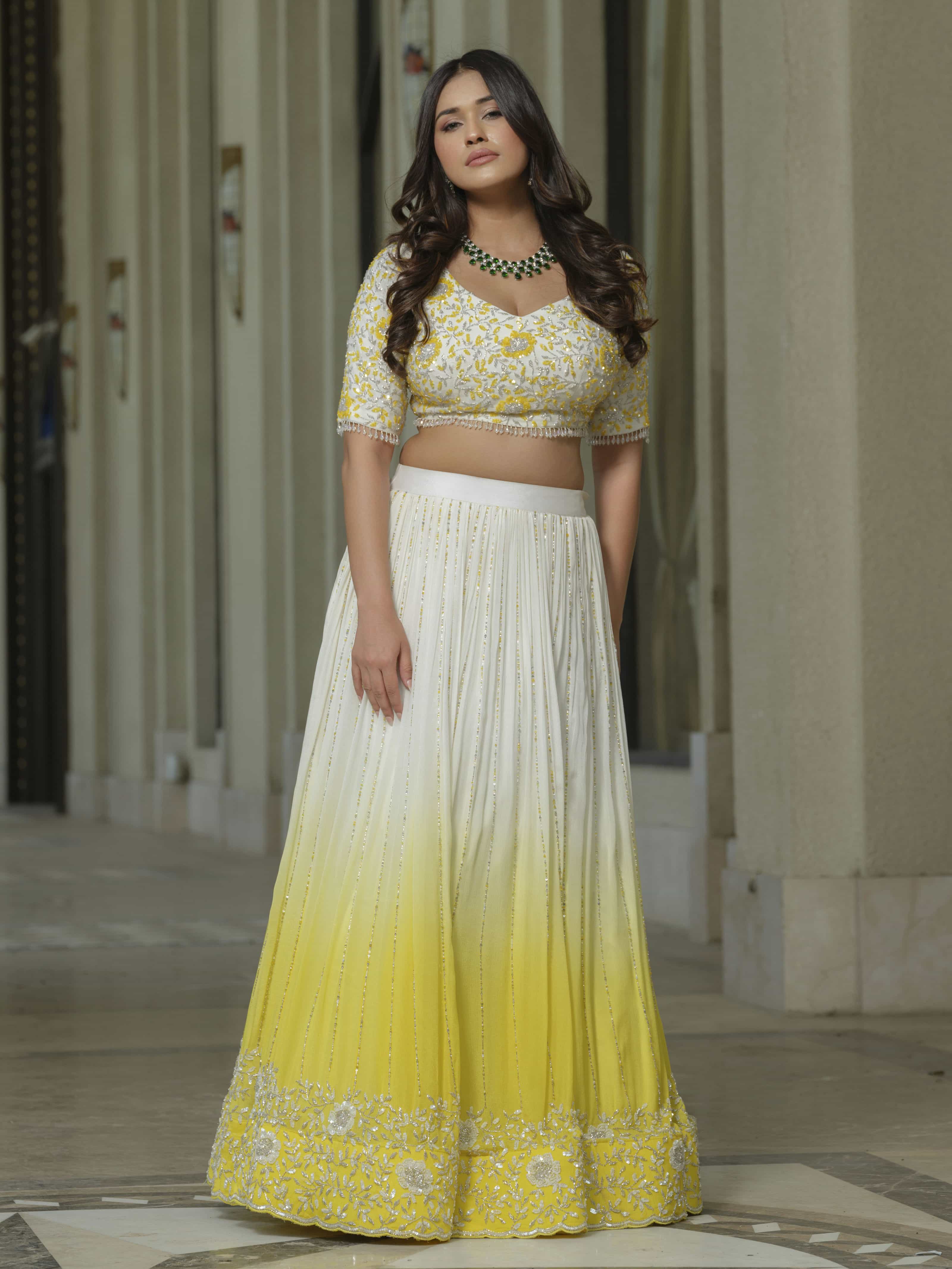 Yellow White Ombre Moss Crepe Lehenga