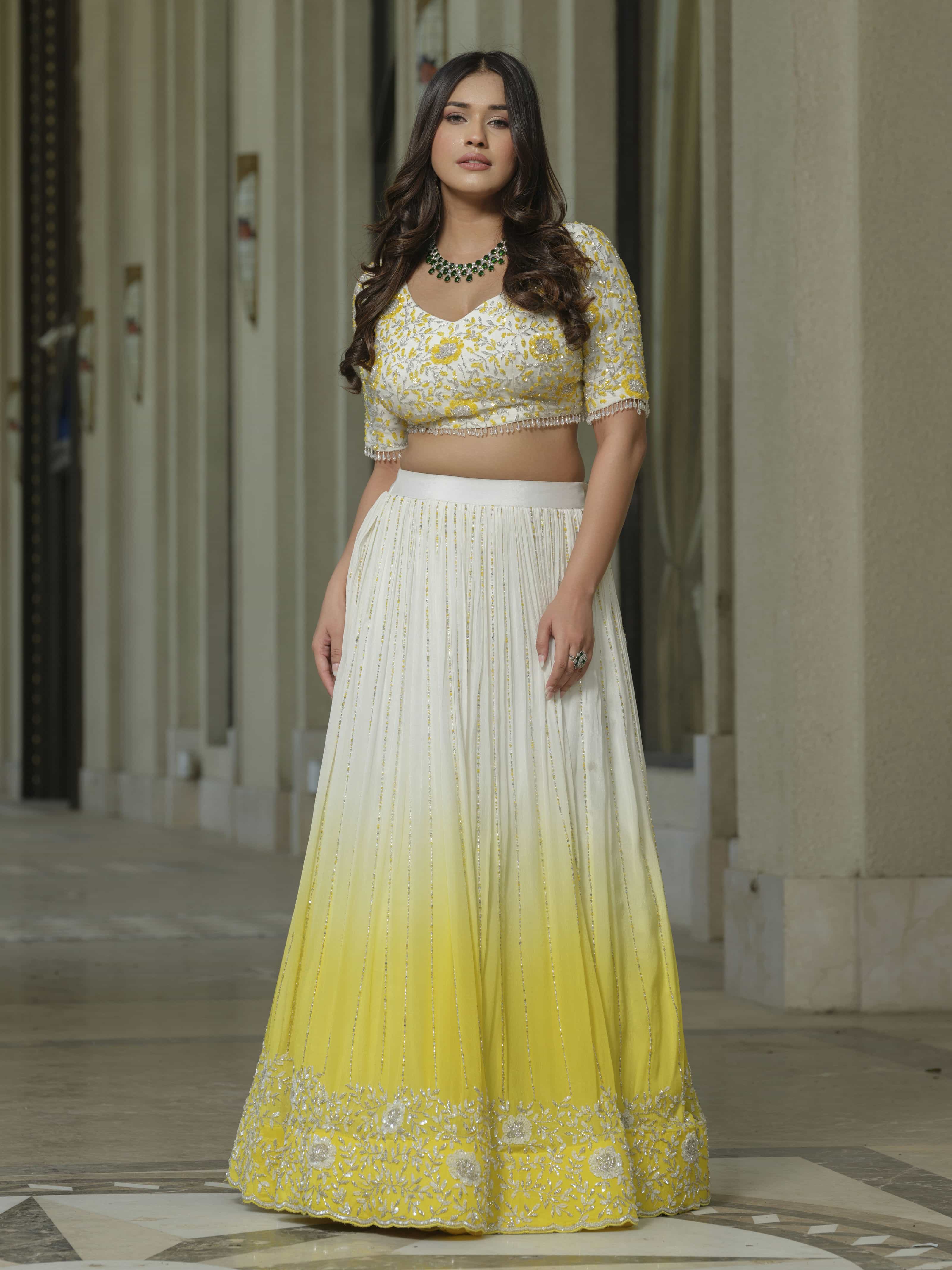 Yellow White Ombre Moss Crepe Lehenga