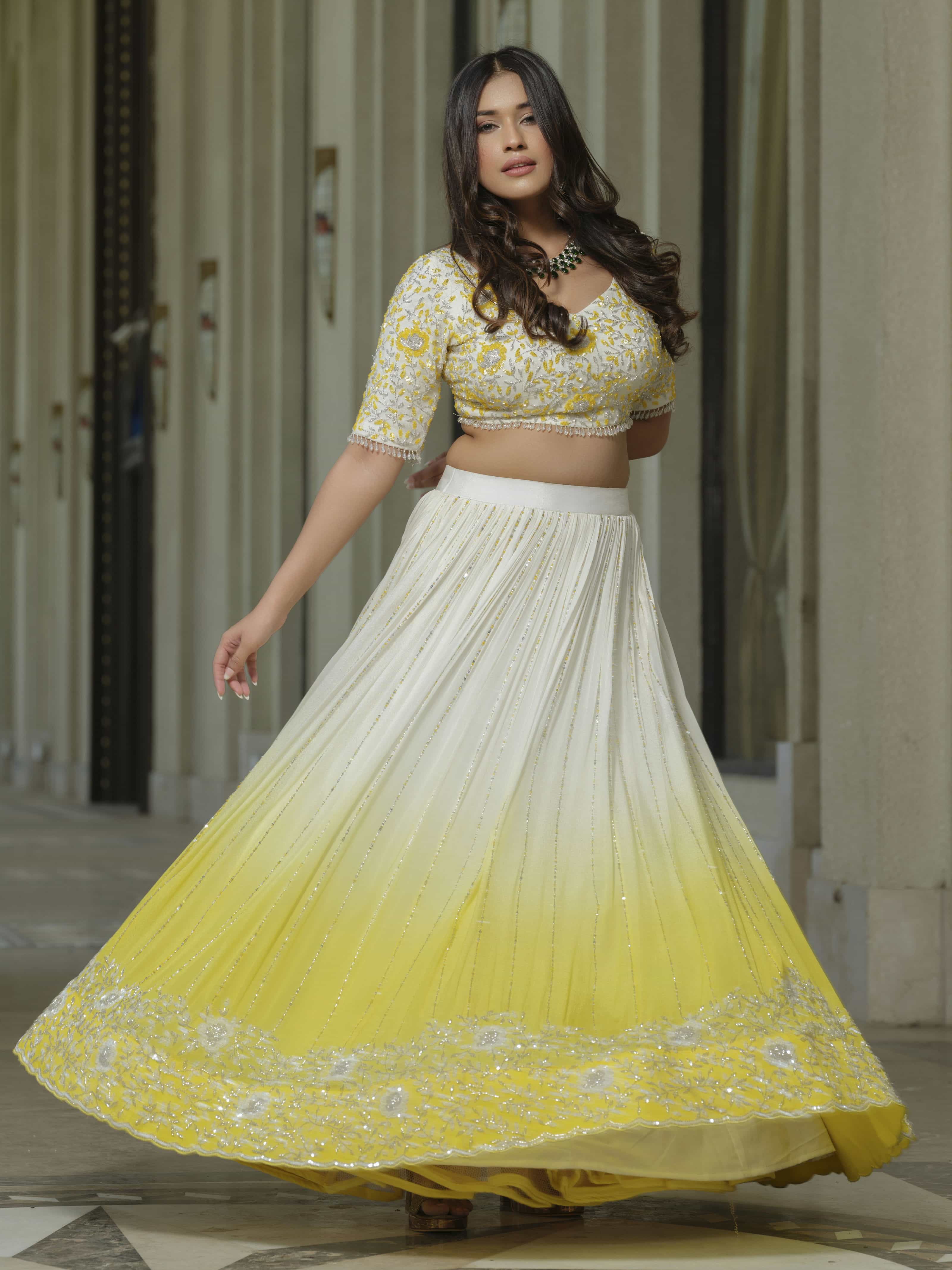 Yellow White Ombre Moss Crepe Lehenga