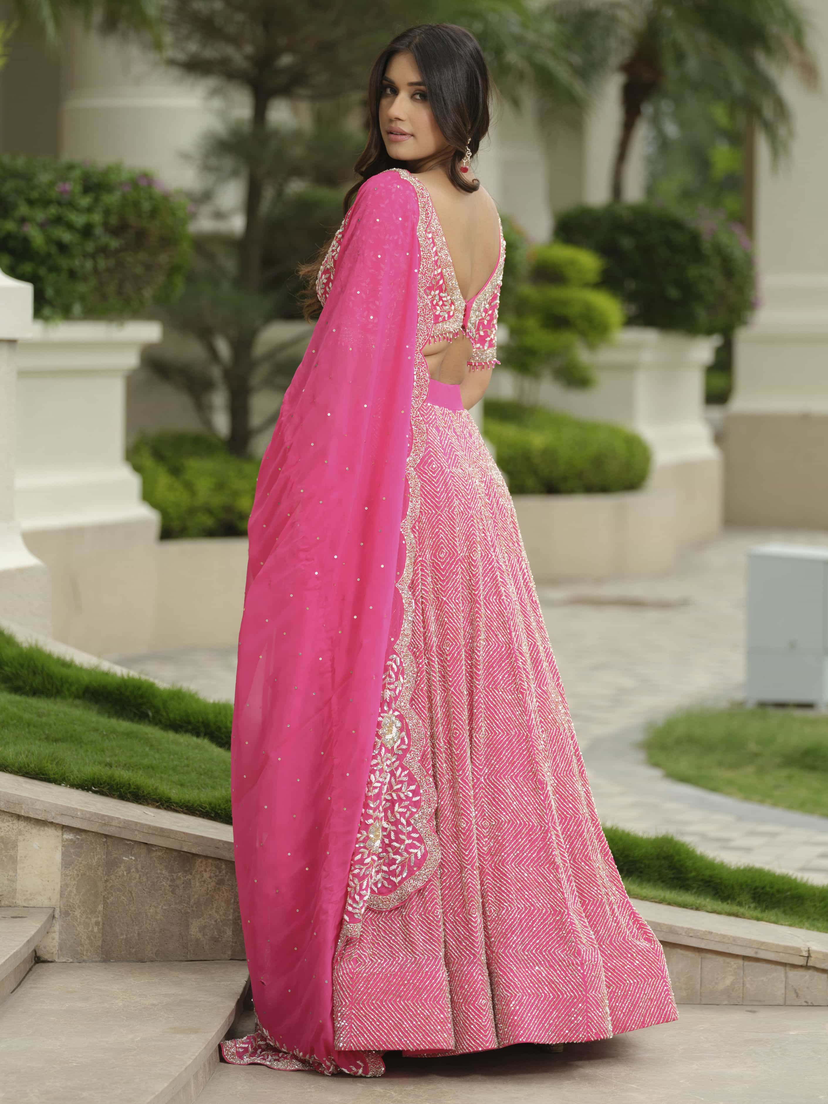 Pink Moss Crepe lehenga with Pure Tissue Dupatta