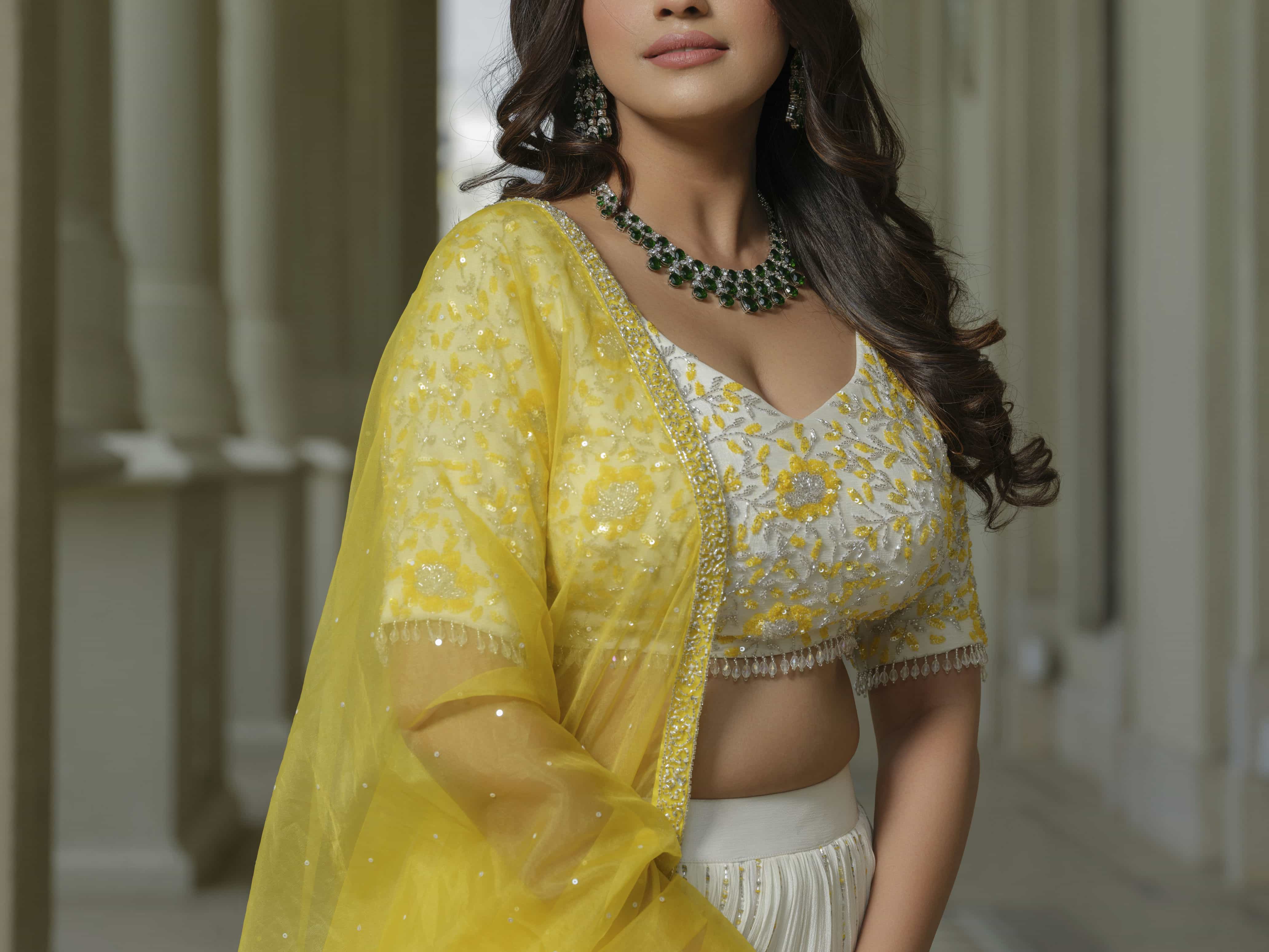 Yellow White Ombre Moss Crepe Lehenga
