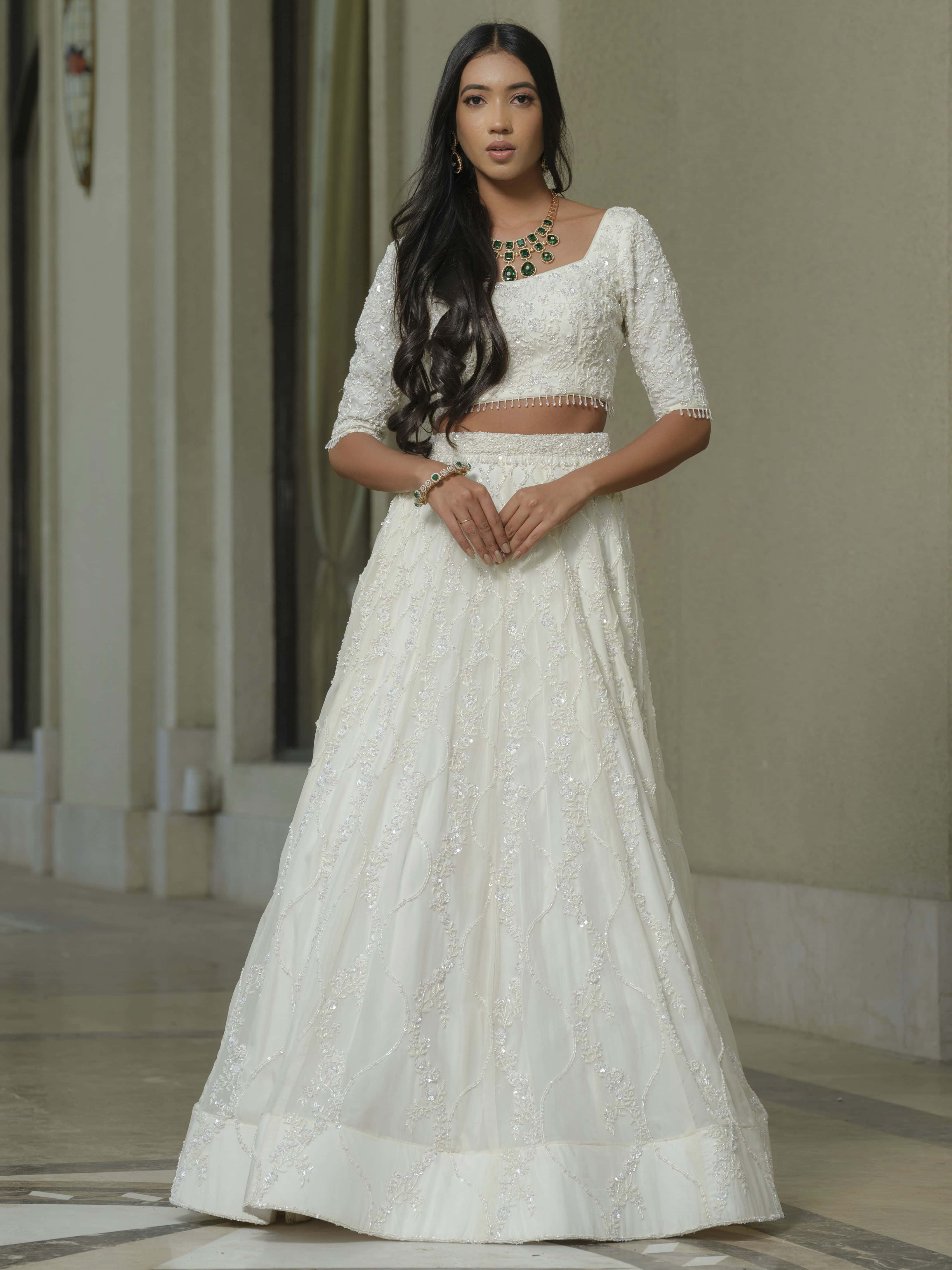 White Moss Crepe Lehenga with Tissue Dupatta