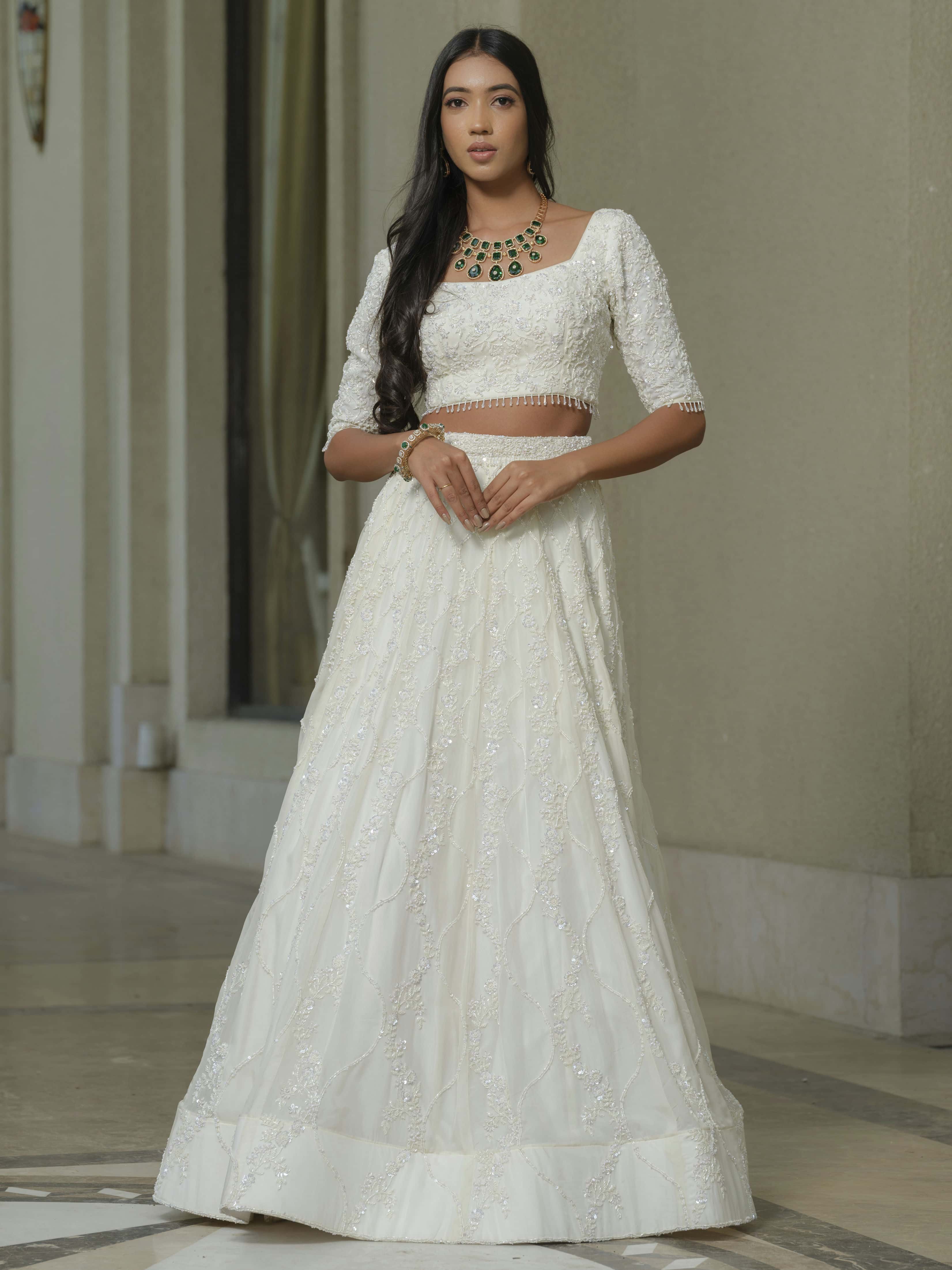 White Moss Crepe Lehenga with Tissue Dupatta