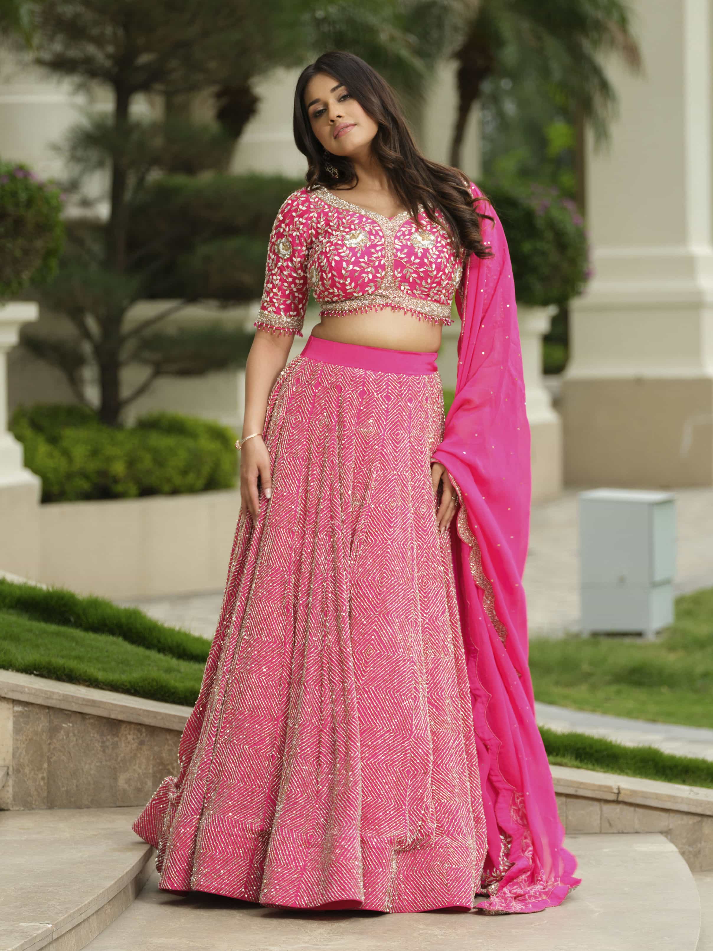 Pink Moss Crepe lehenga with Pure Tissue Dupatta