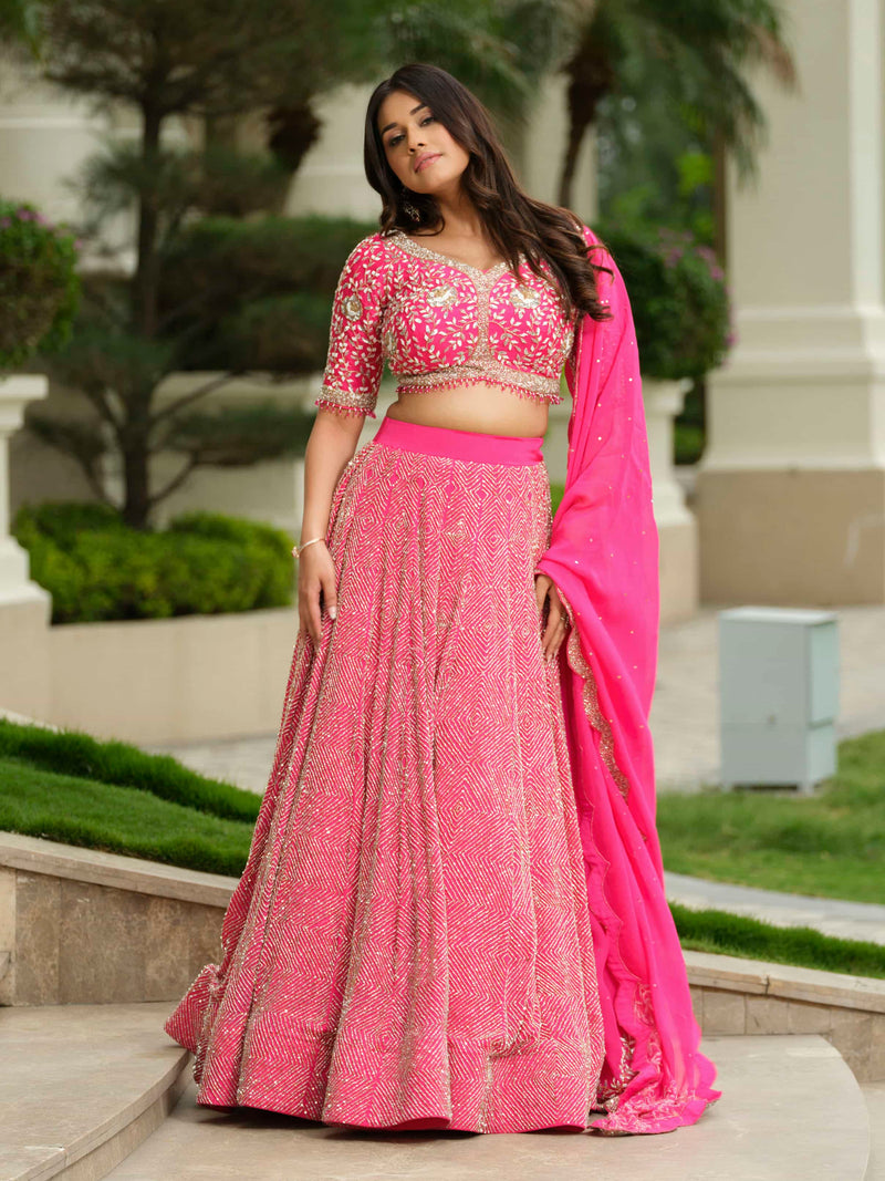 Pink Moss Crepe lehenga with Pure Tissue Dupatta