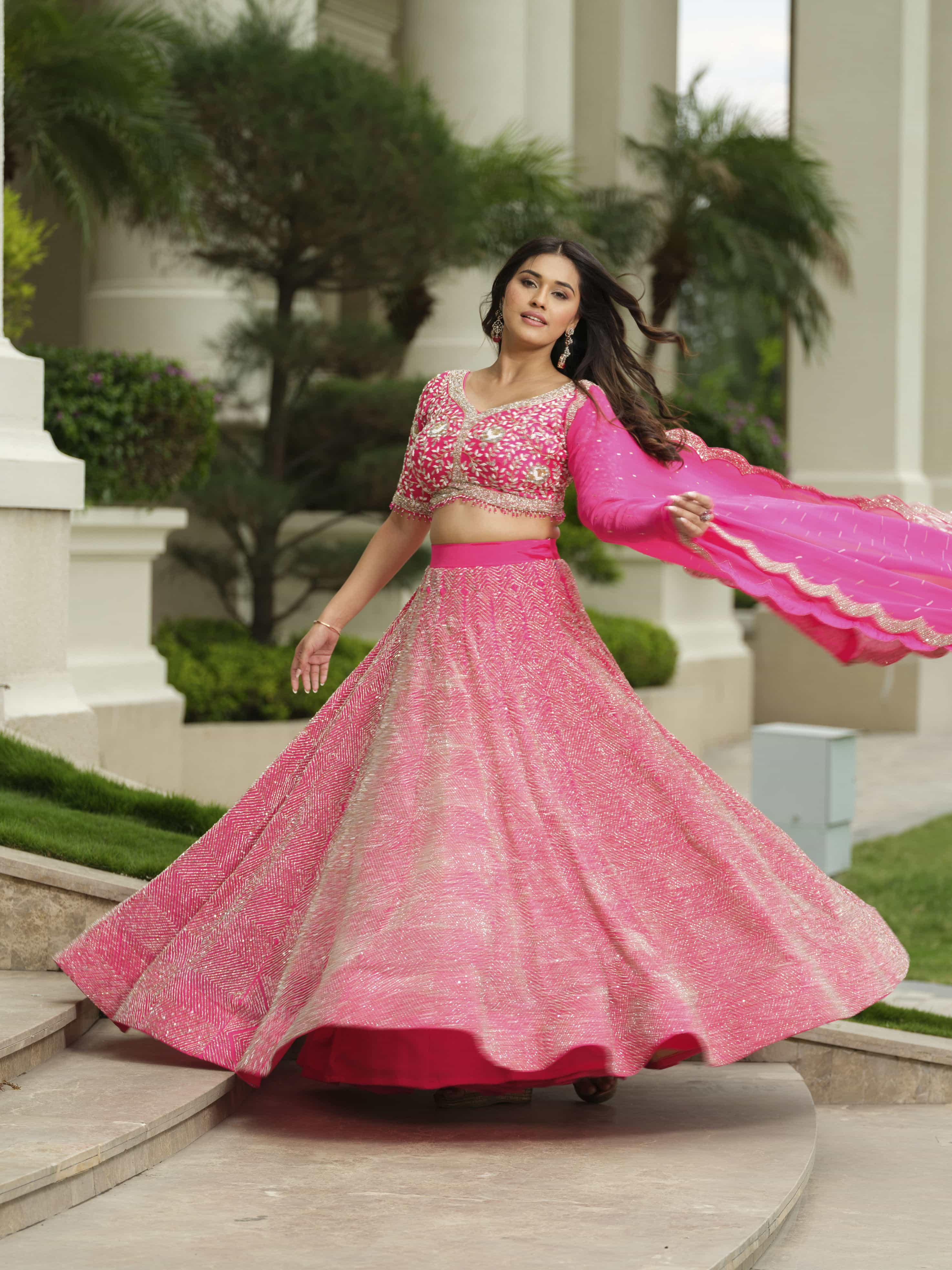 Pink Moss Crepe lehenga with Pure Tissue Dupatta