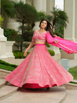 Pink Moss Crepe lehenga with Pure Tissue Dupatta