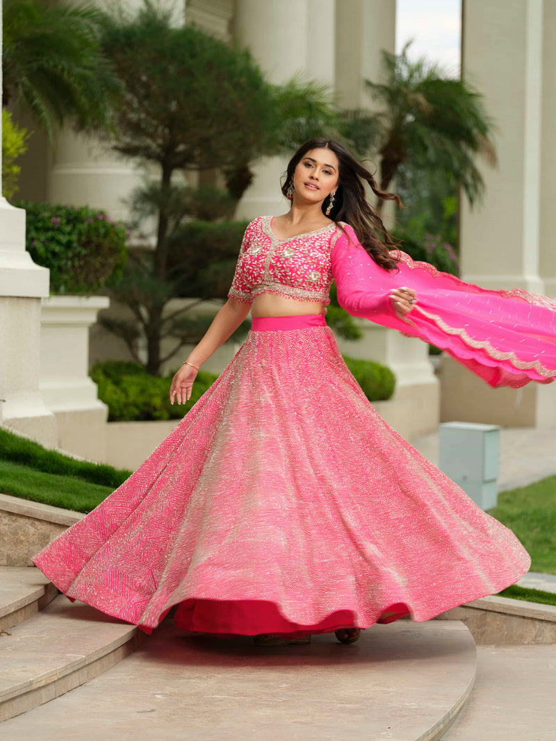 Pink Moss Crepe lehenga with Pure Tissue Dupatta