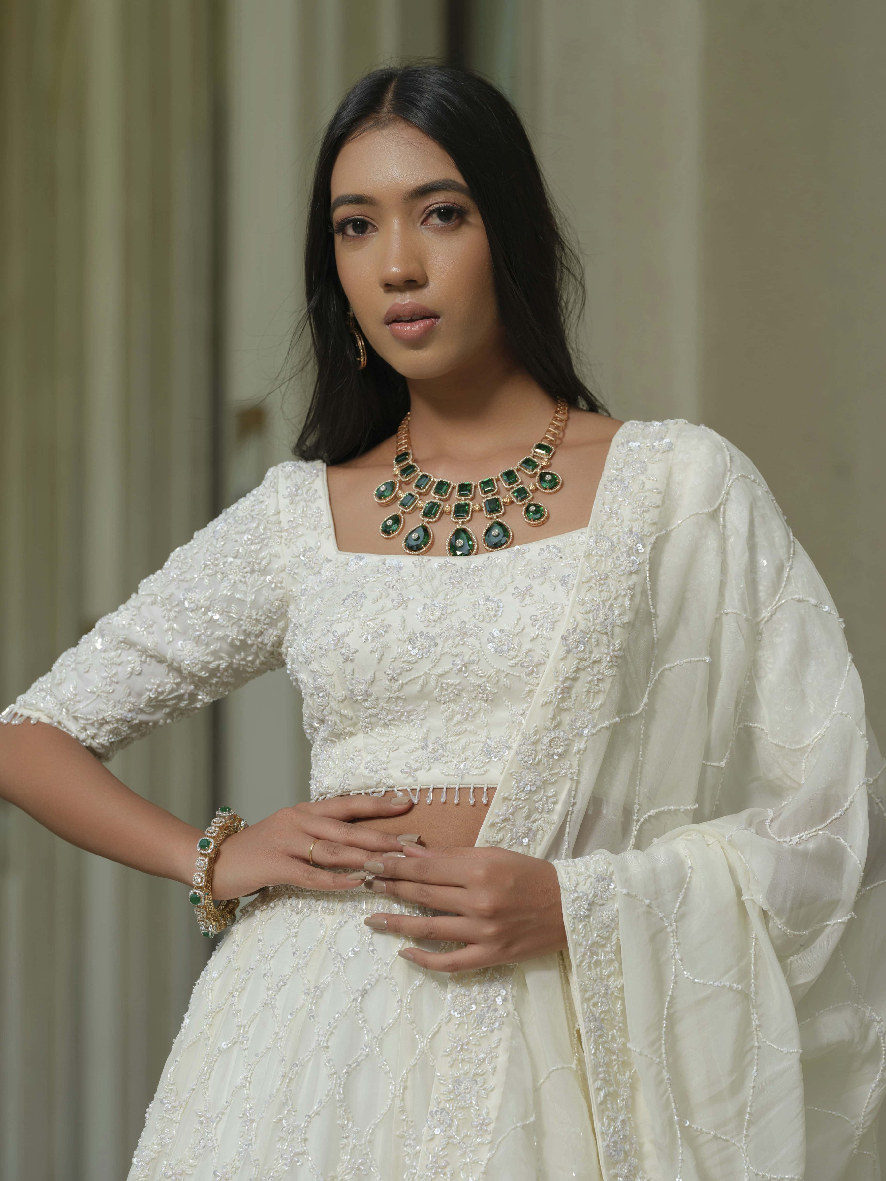 White Moss Crepe Lehenga with Tissue Dupatta