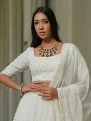 White Moss Crepe Lehenga with Tissue Dupatta