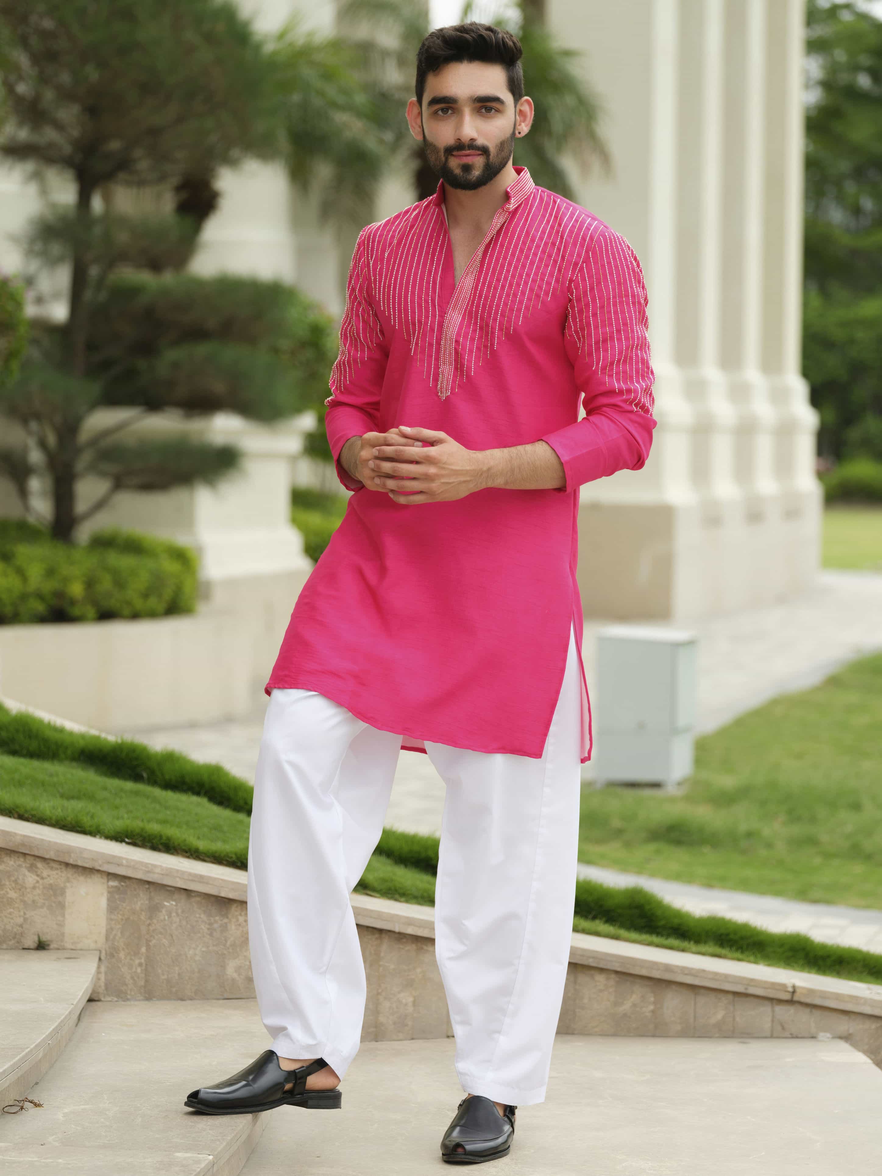 Fuchsia Pink Silk Embroidered Kurta Set