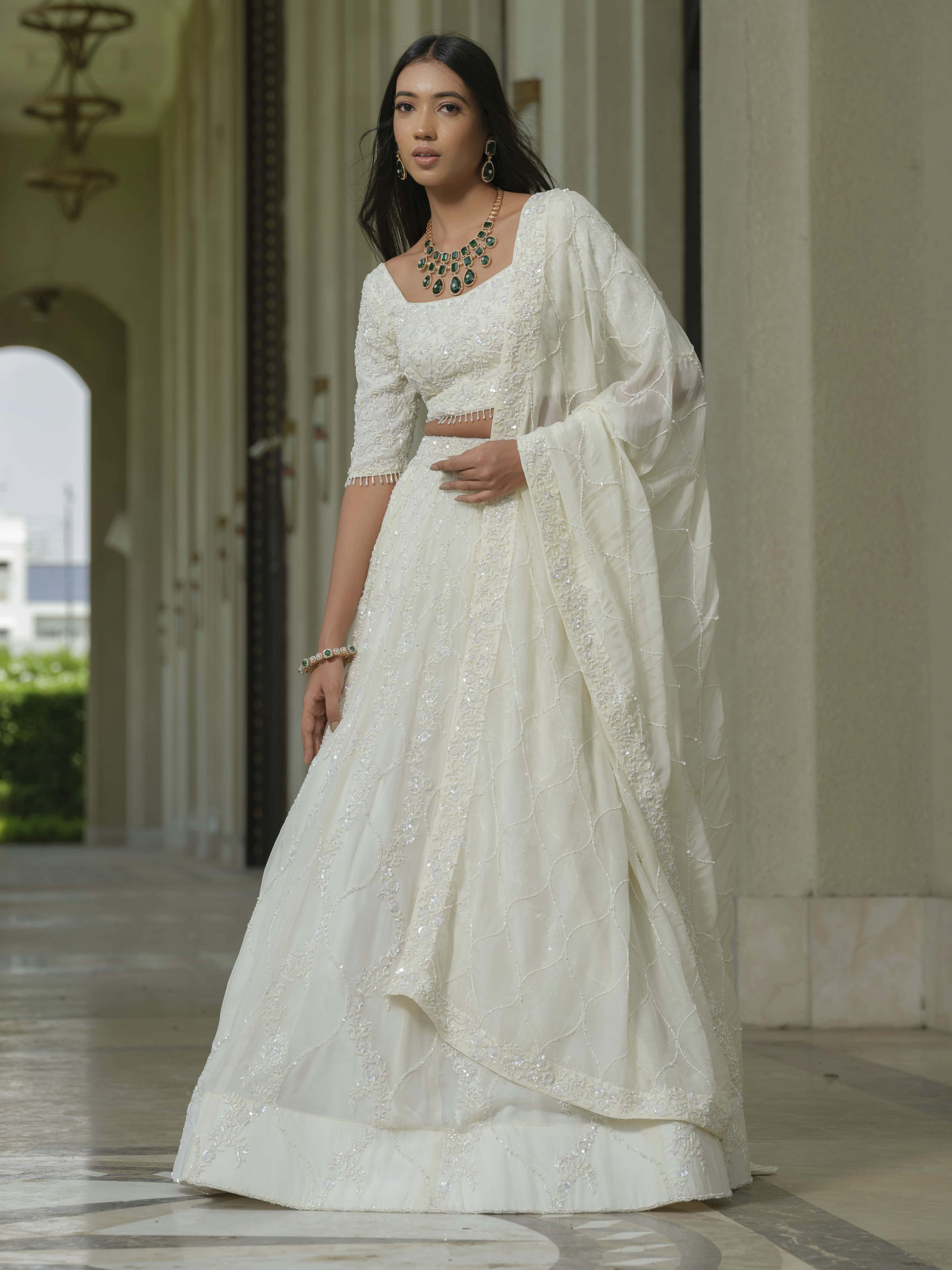 White Moss Crepe Lehenga with Tissue Dupatta