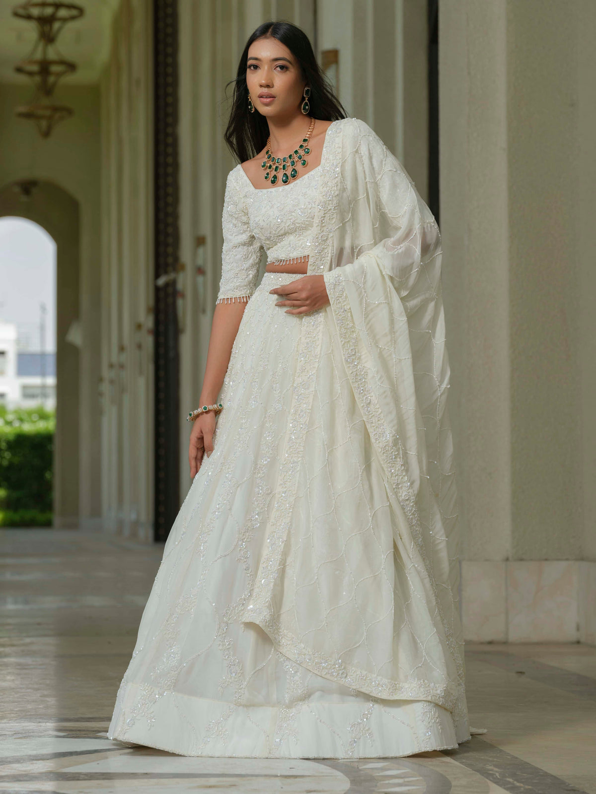 White Moss Crepe Lehenga with Tissue Dupatta