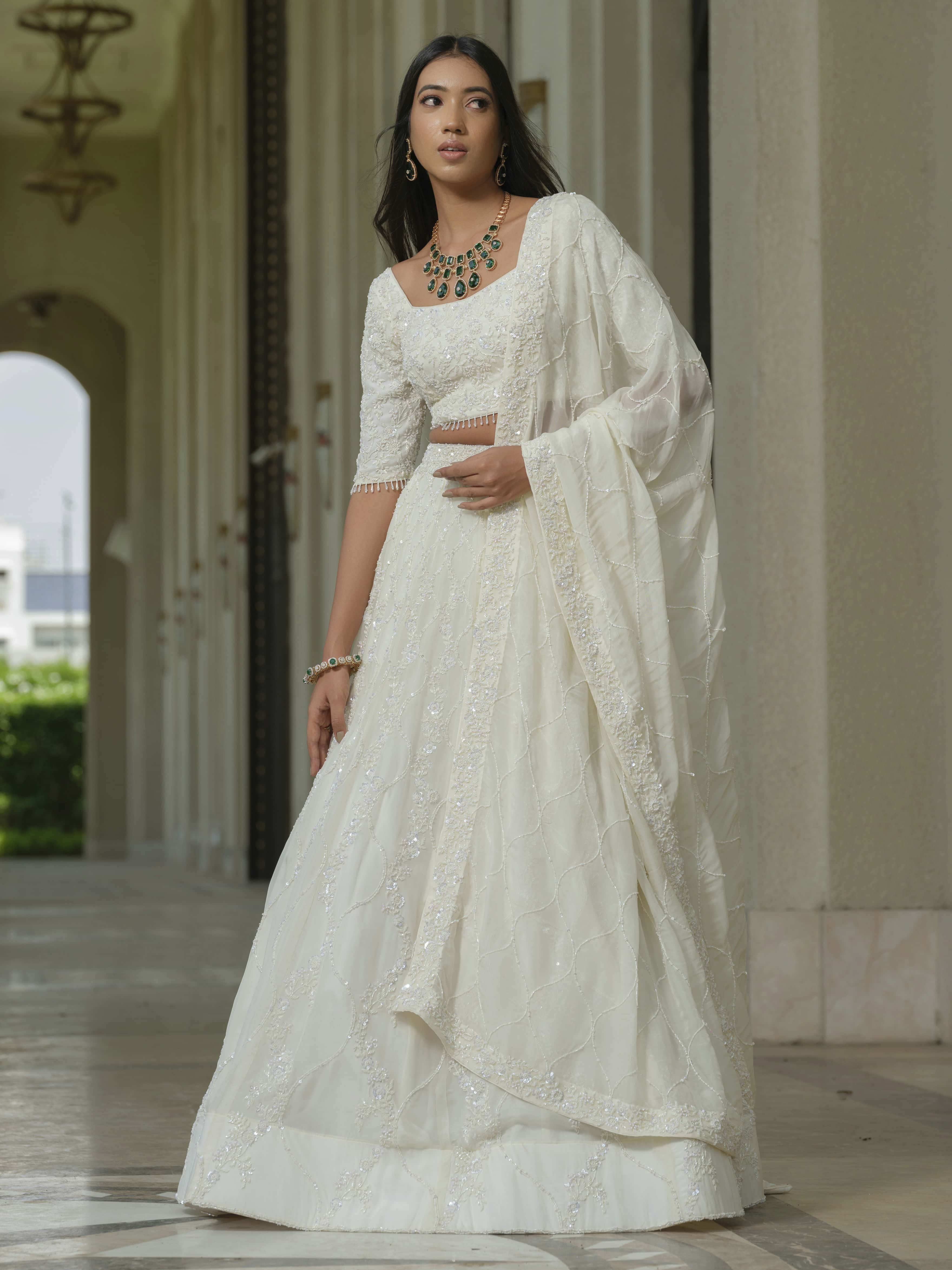 White Moss Crepe Lehenga with Tissue Dupatta
