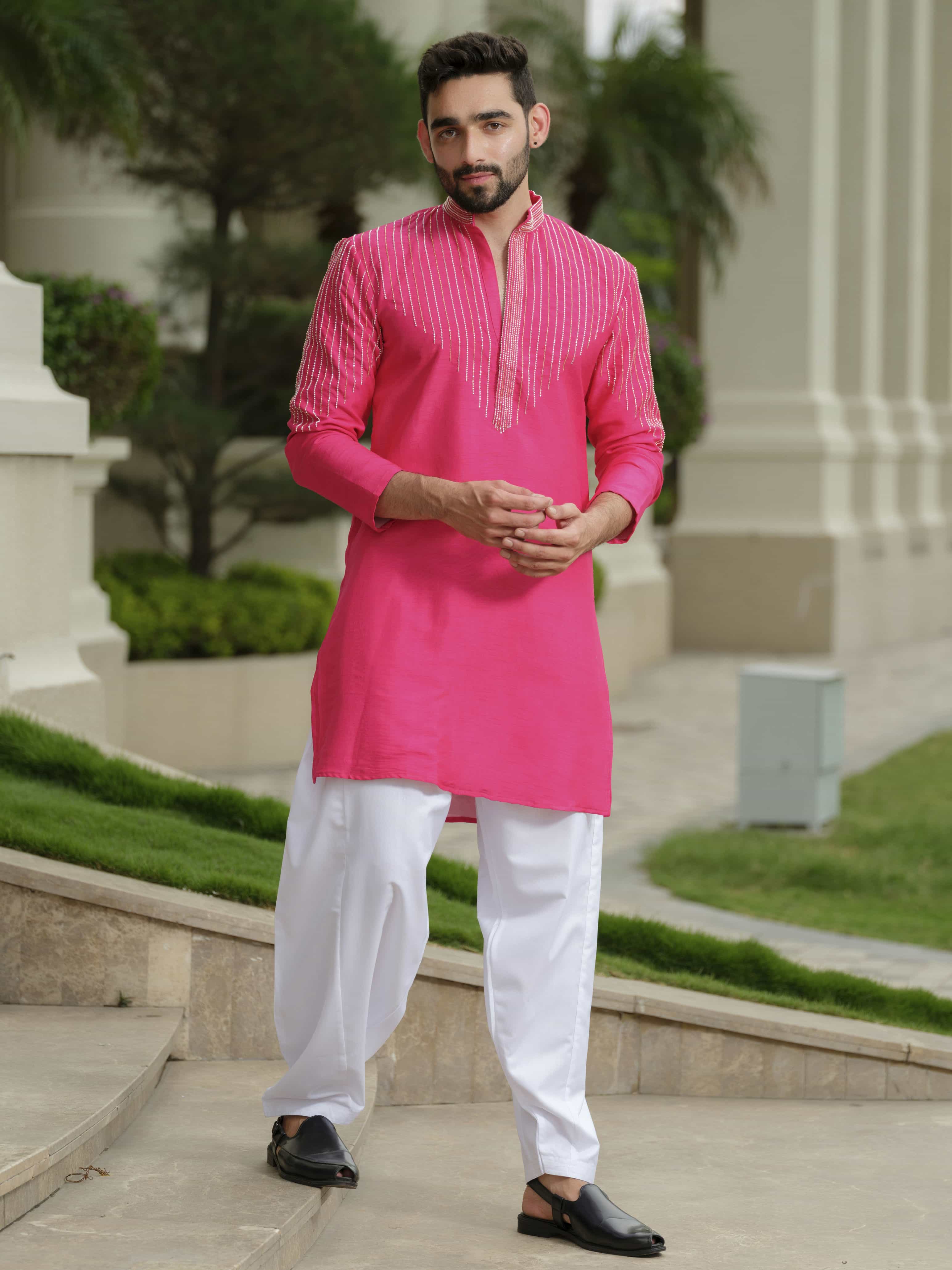 Fuchsia Pink Silk Embroidered Kurta Set