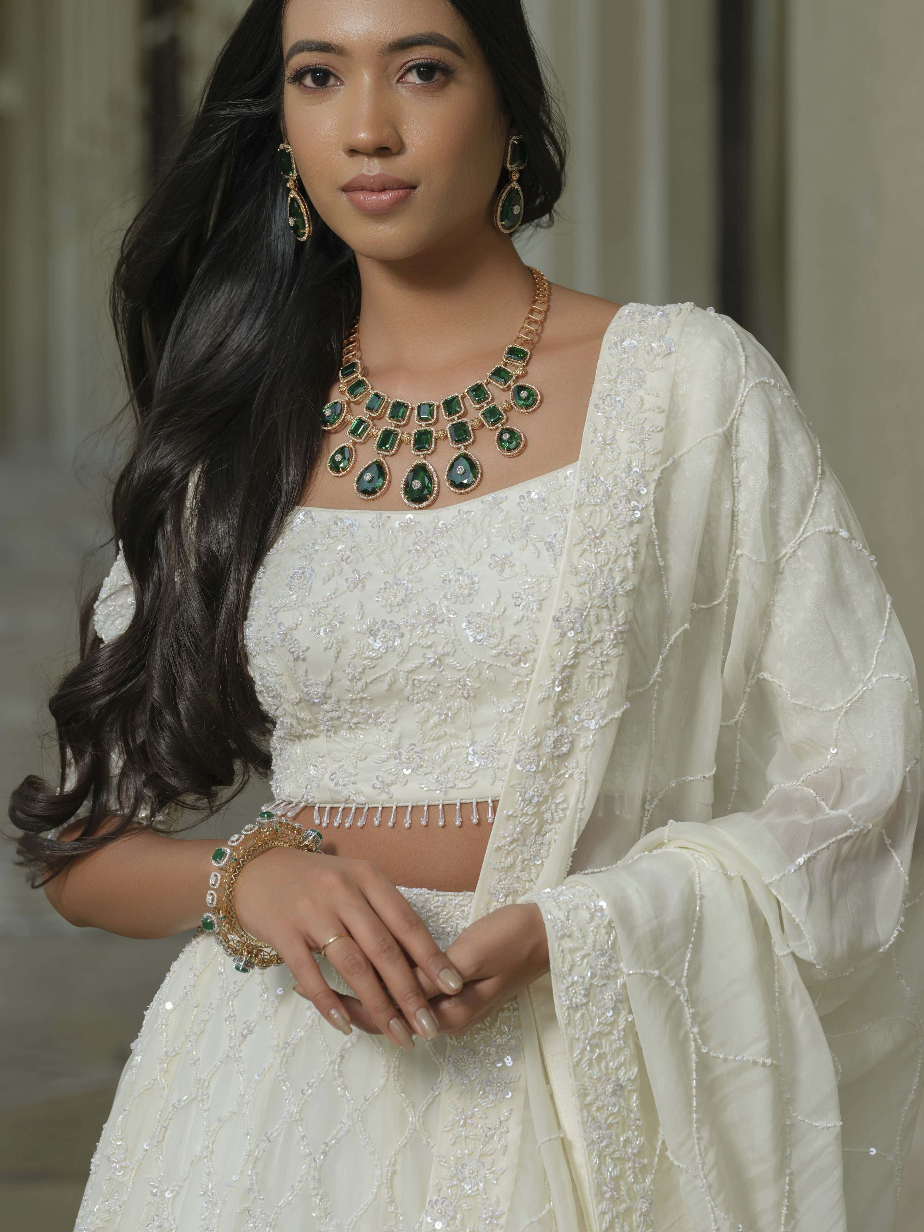 White Moss Crepe Lehenga with Tissue Dupatta