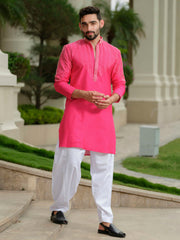 Fuchsia Pink Silk Embroidered Kurta Set