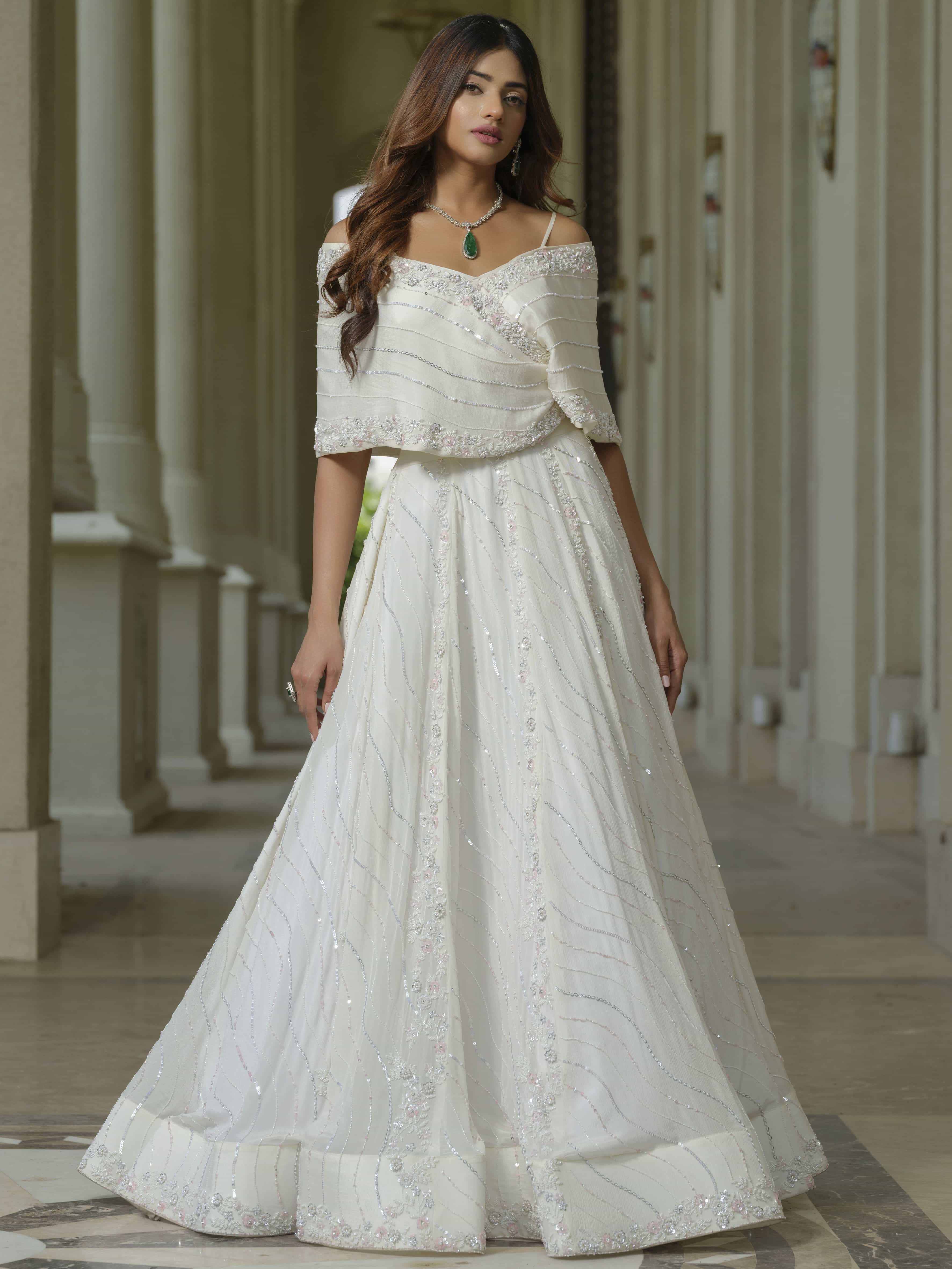 White Off-shoulder Gown with Floral Work