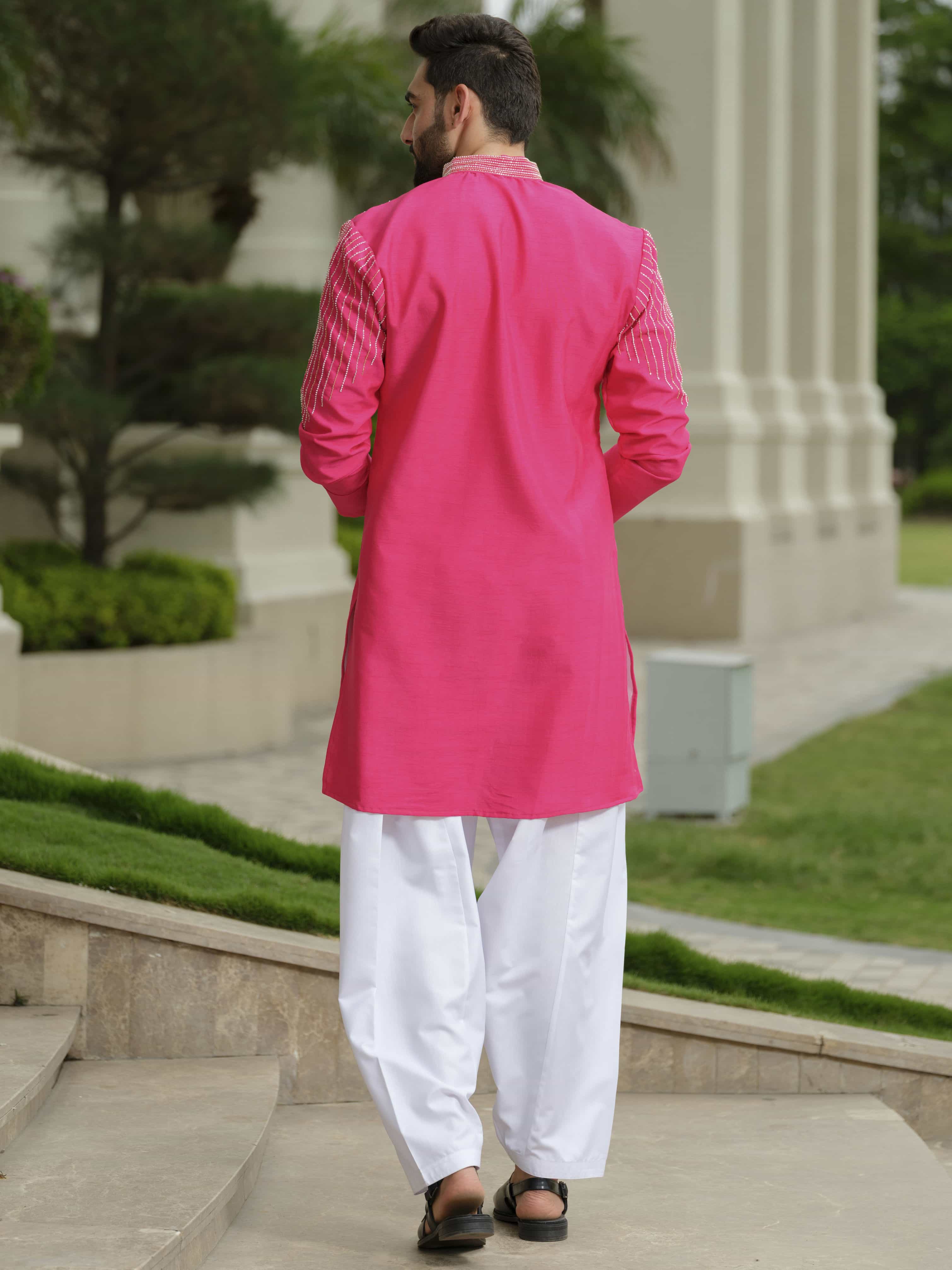 Fuchsia Pink Silk Embroidered Kurta Set