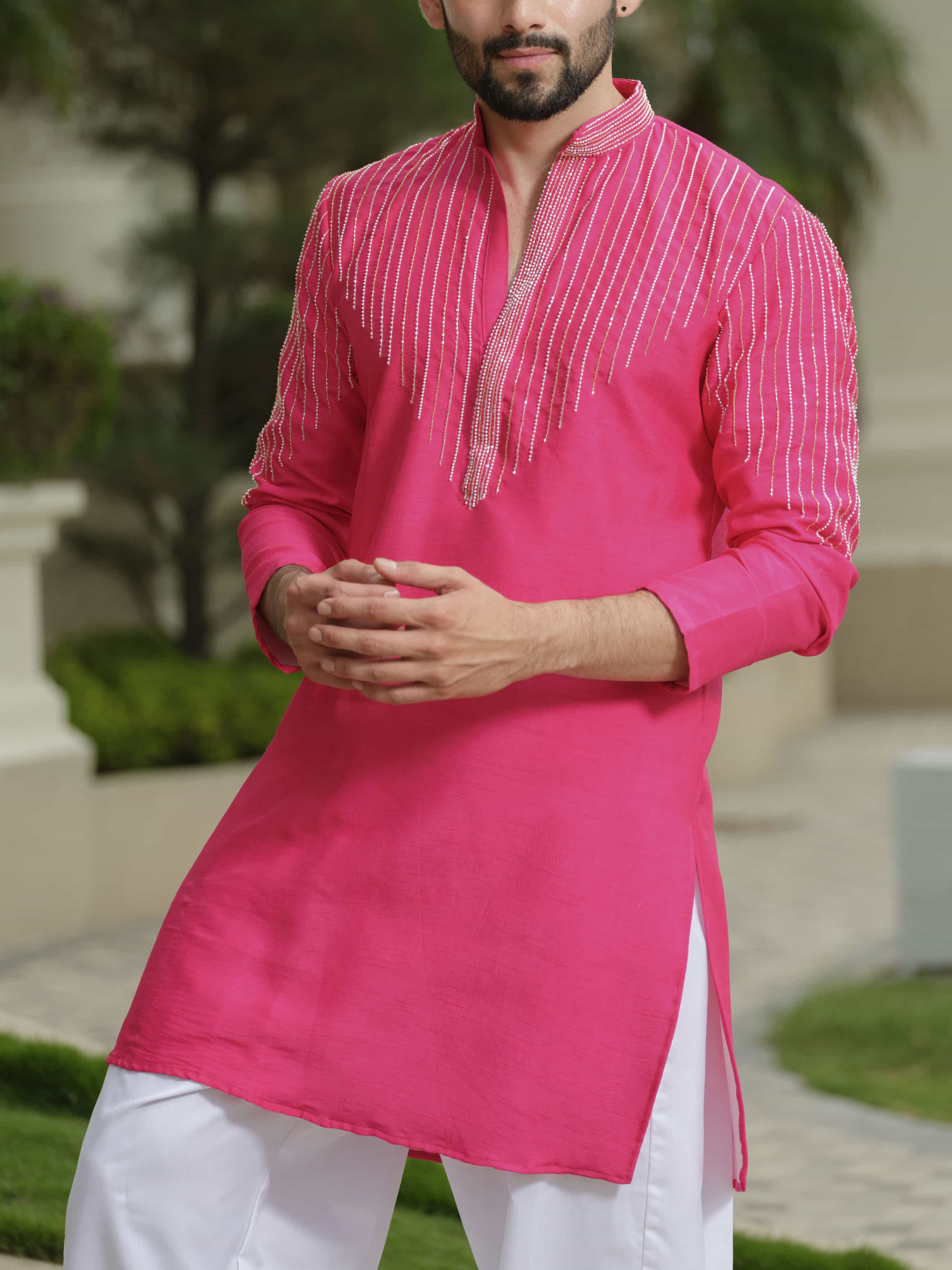 Fuchsia Pink Silk Embroidered Kurta Set