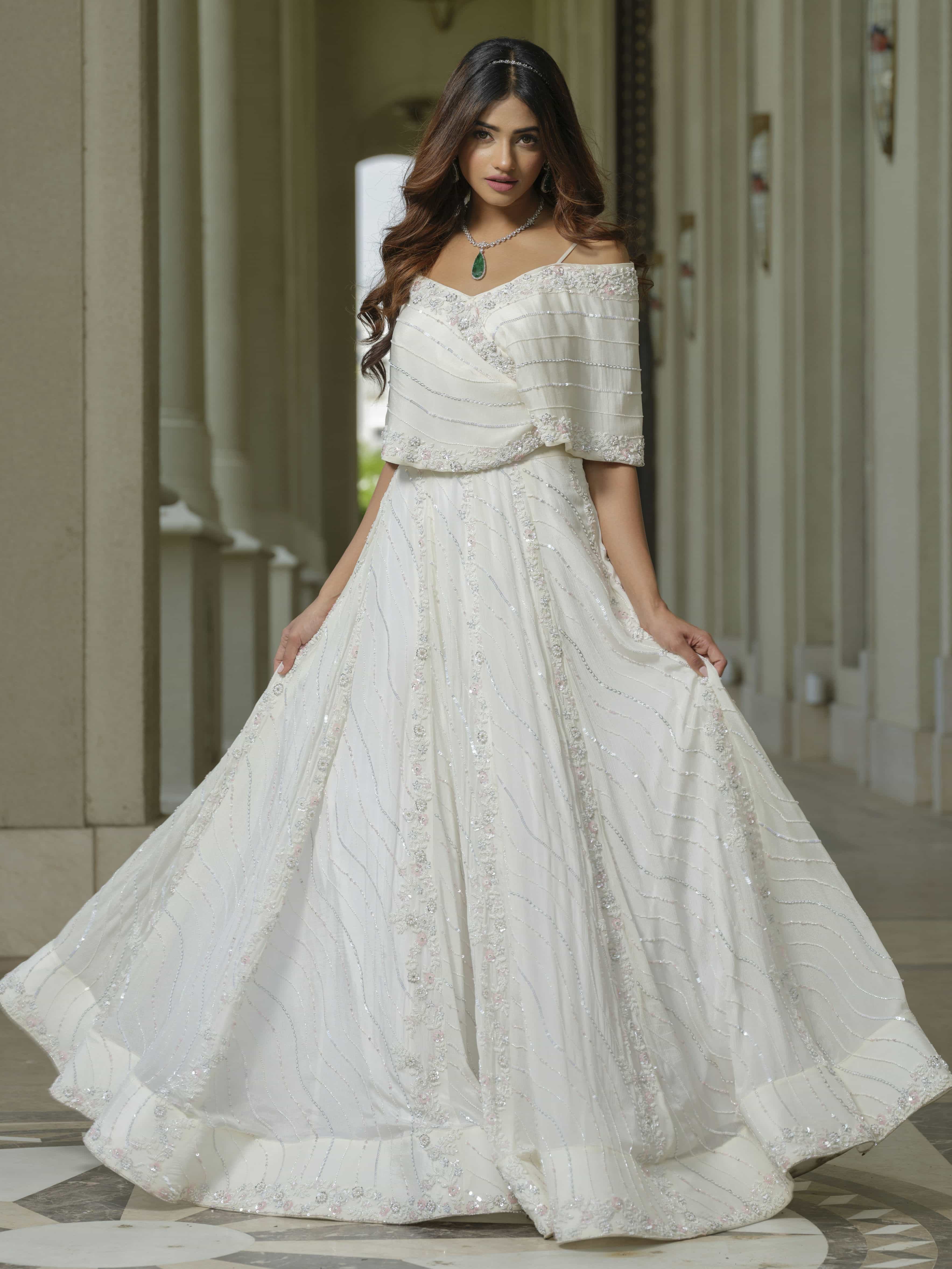 White Off-shoulder Gown with Floral Work
