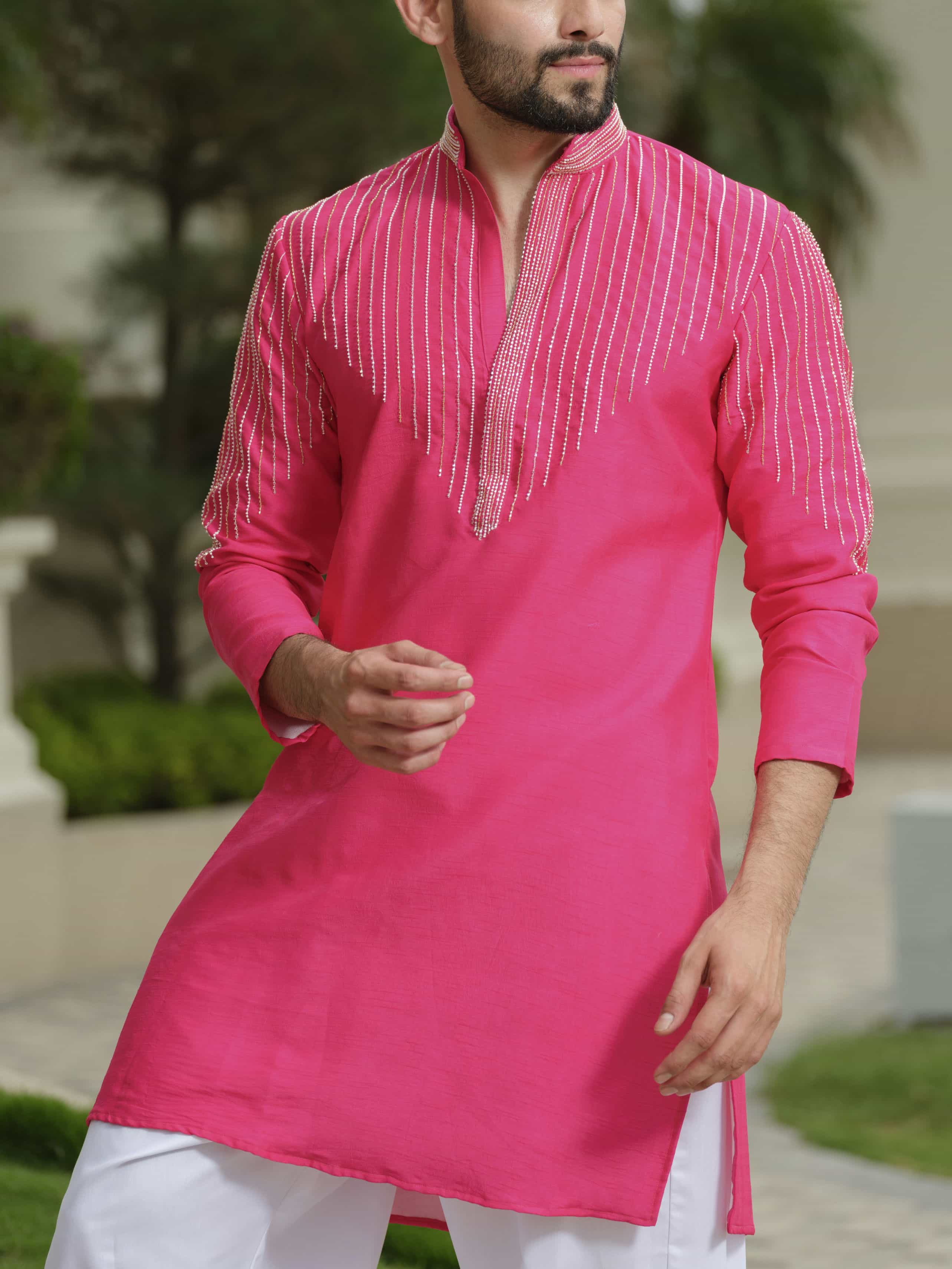 Fuchsia Pink Silk Embroidered Kurta Set