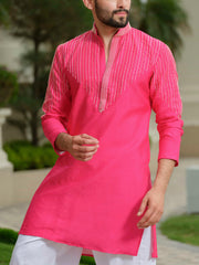 Fuchsia Pink Silk Embroidered Kurta Set