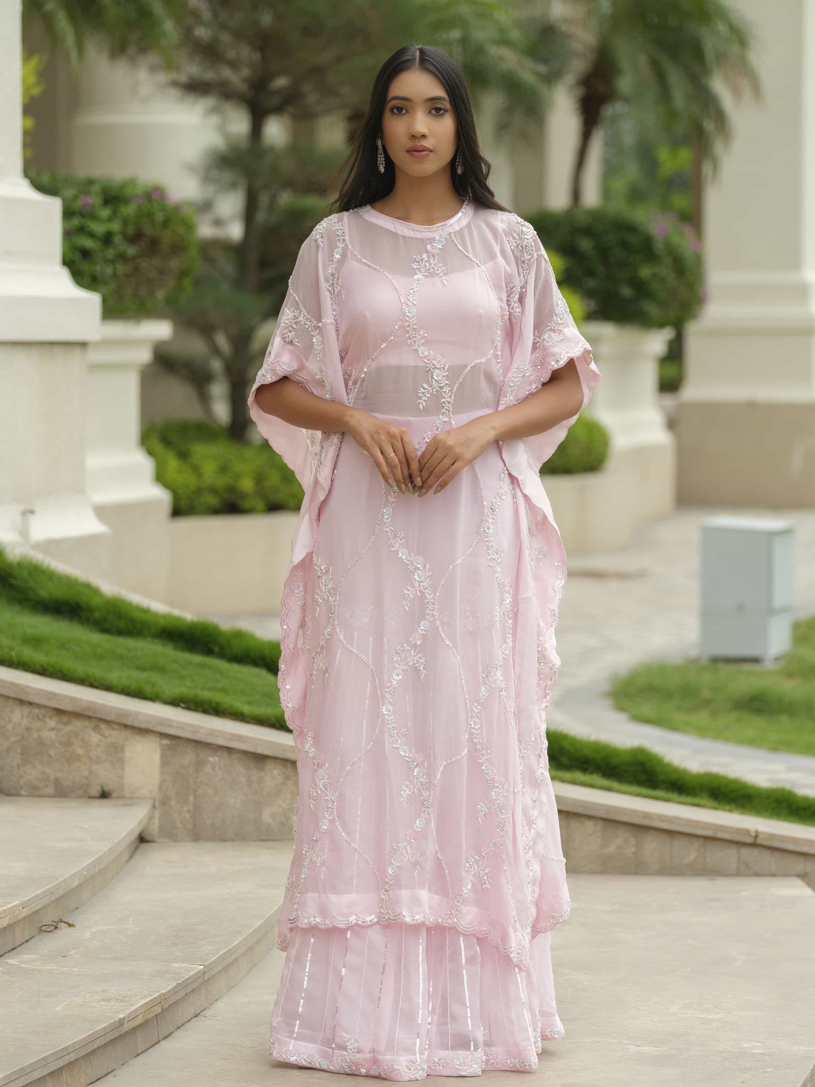 Powder Pink Tissue Kaftan with Sharara