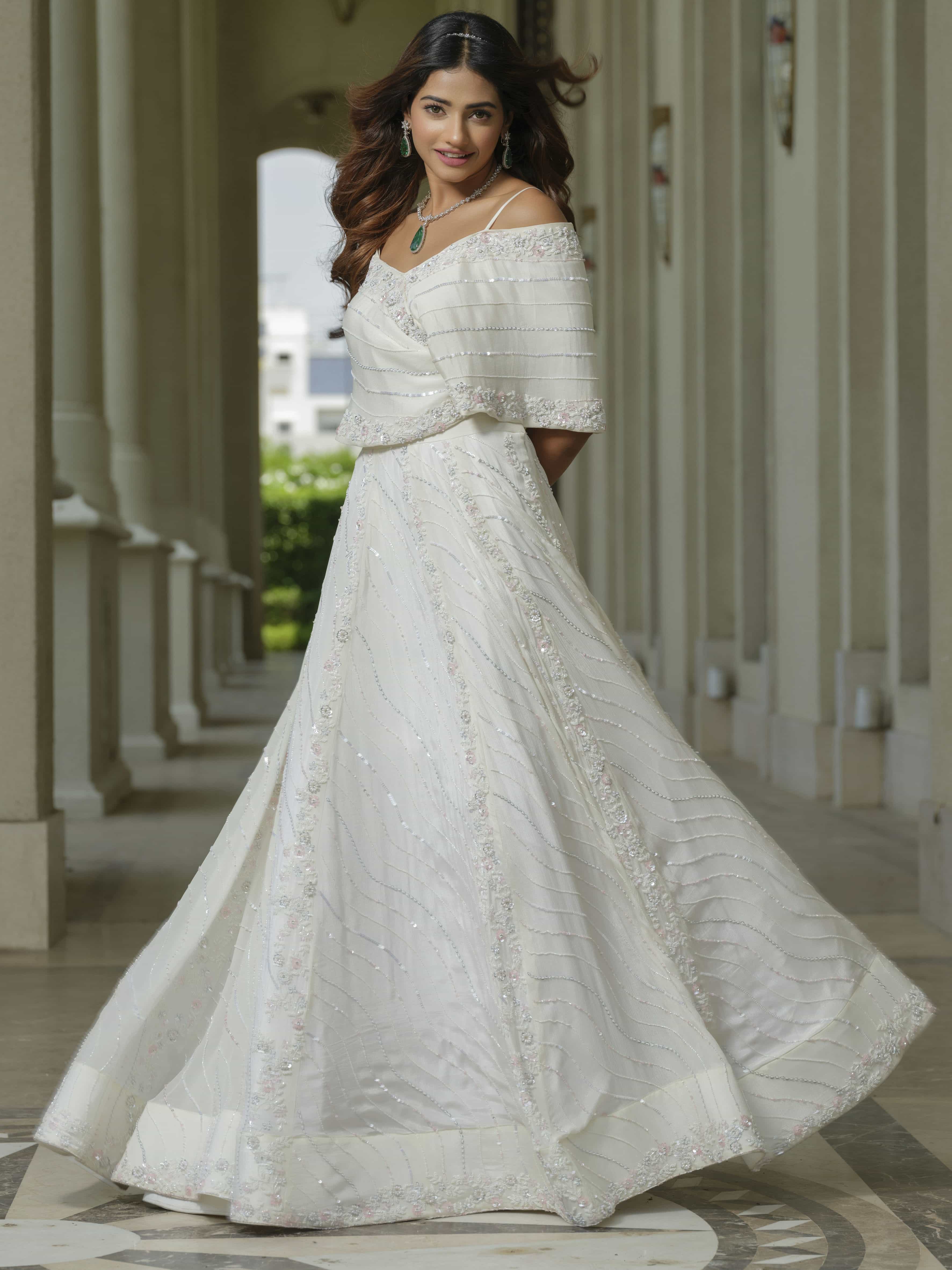 White Off-shoulder Gown with Floral Work