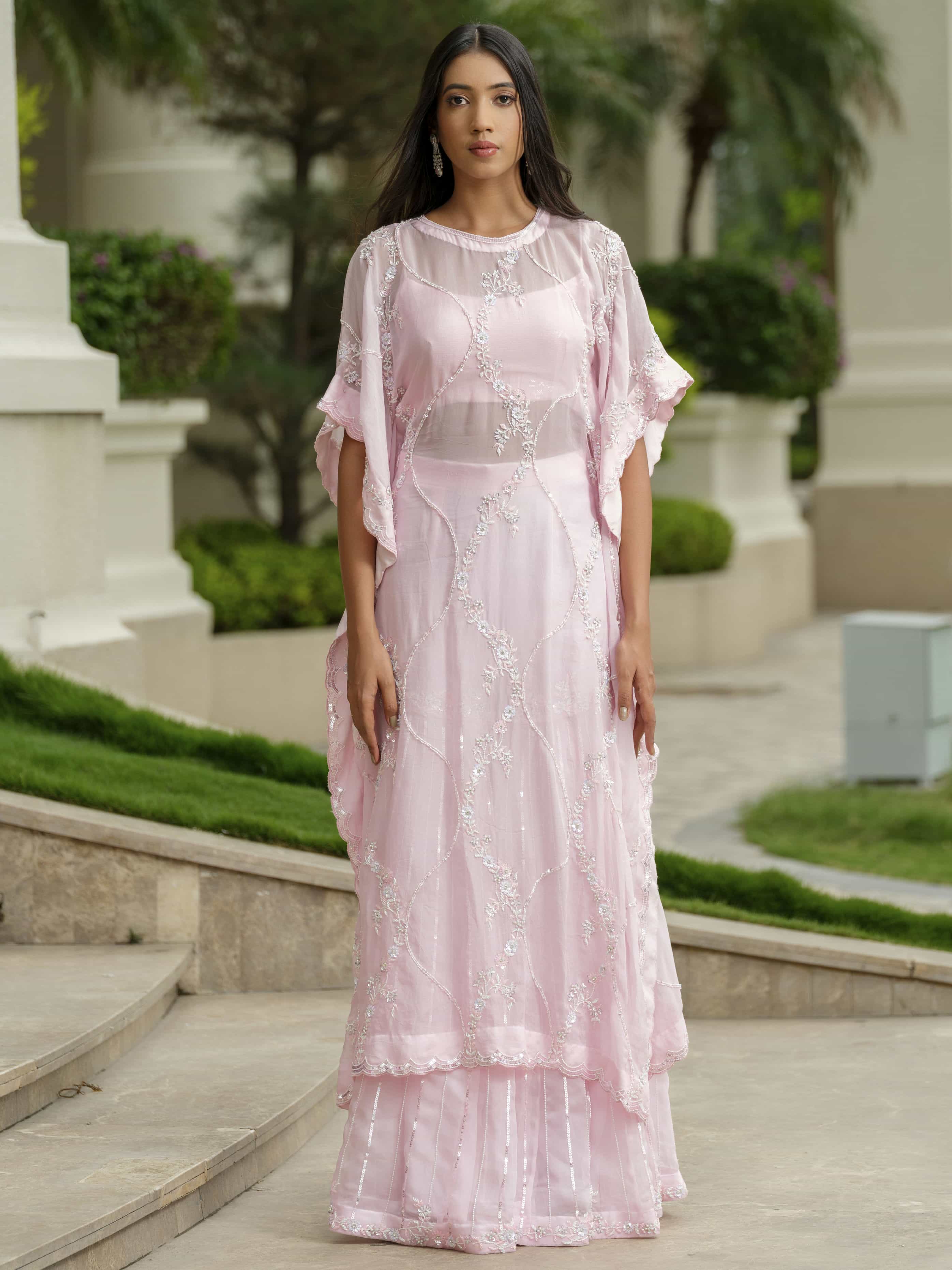 Powder Pink Tissue Kaftan with Sharara