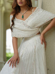 White Off-shoulder Gown with Floral Work