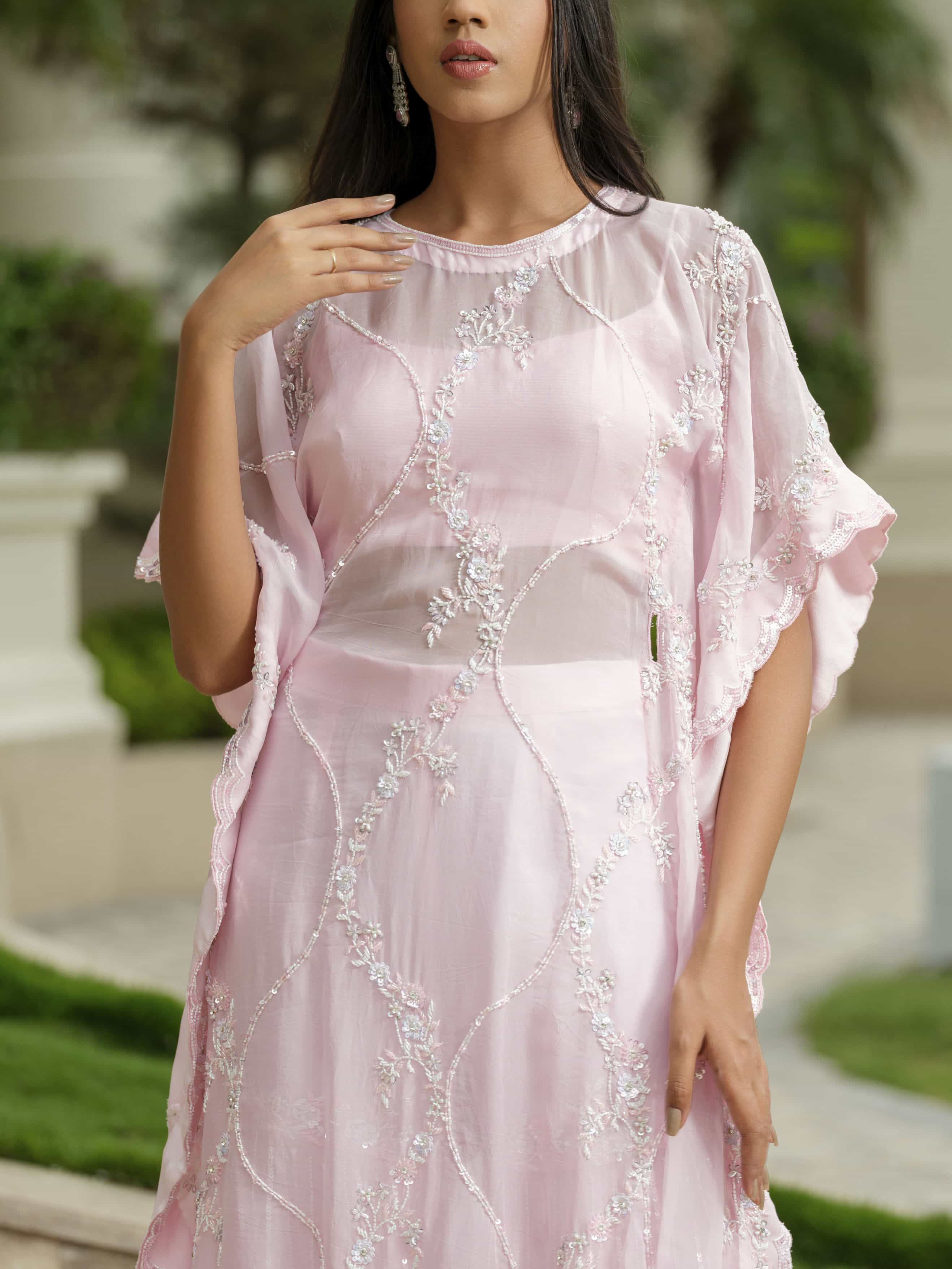 Powder Pink Tissue Kaftan with Sharara