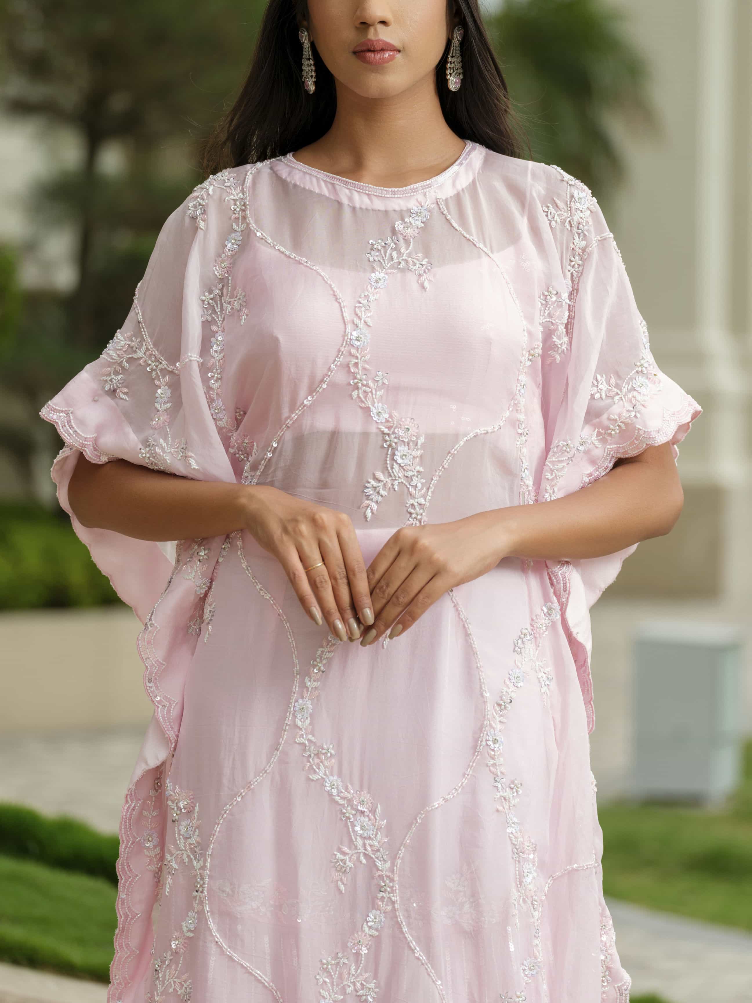 Powder Pink Tissue Kaftan with Sharara