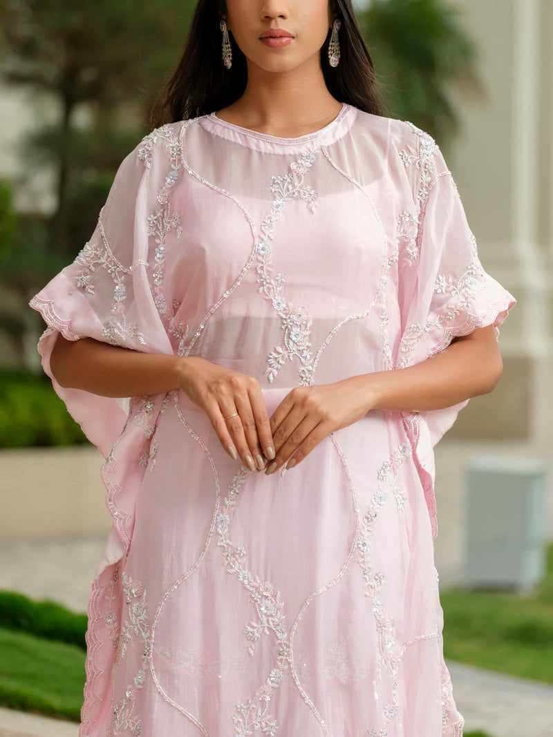 Powder Pink Tissue Kaftan with Sharara