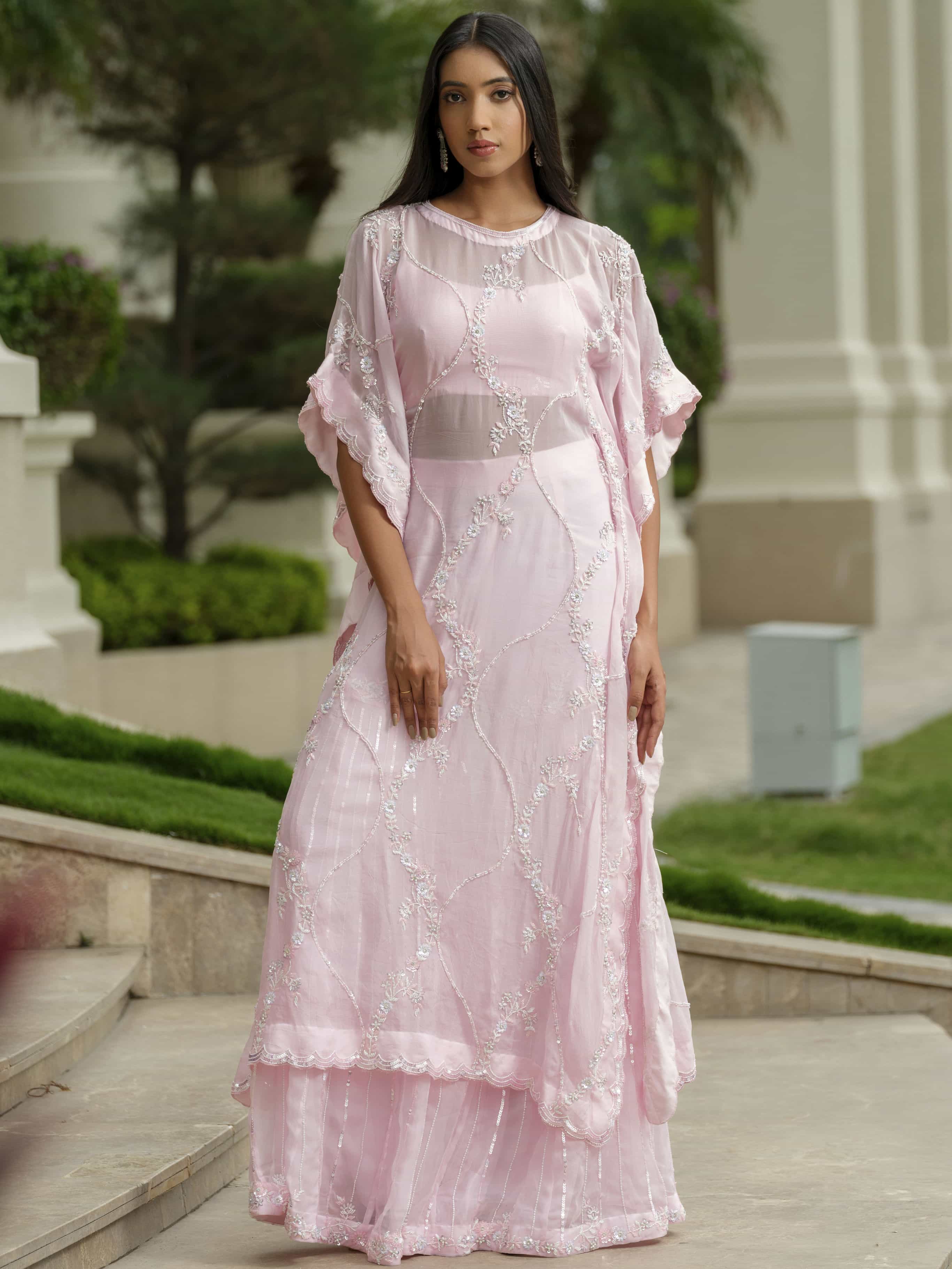 Powder Pink Tissue Kaftan with Sharara