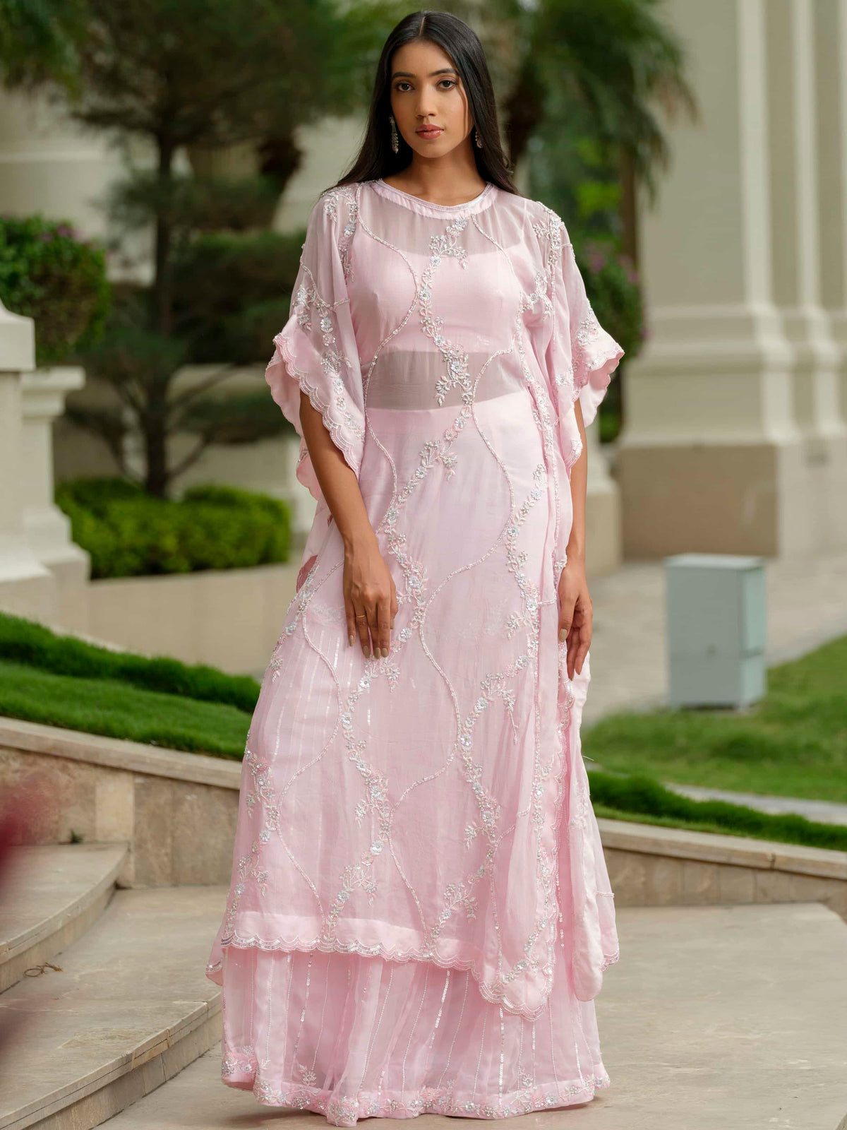 Powder Pink Tissue Kaftan with Sharara
