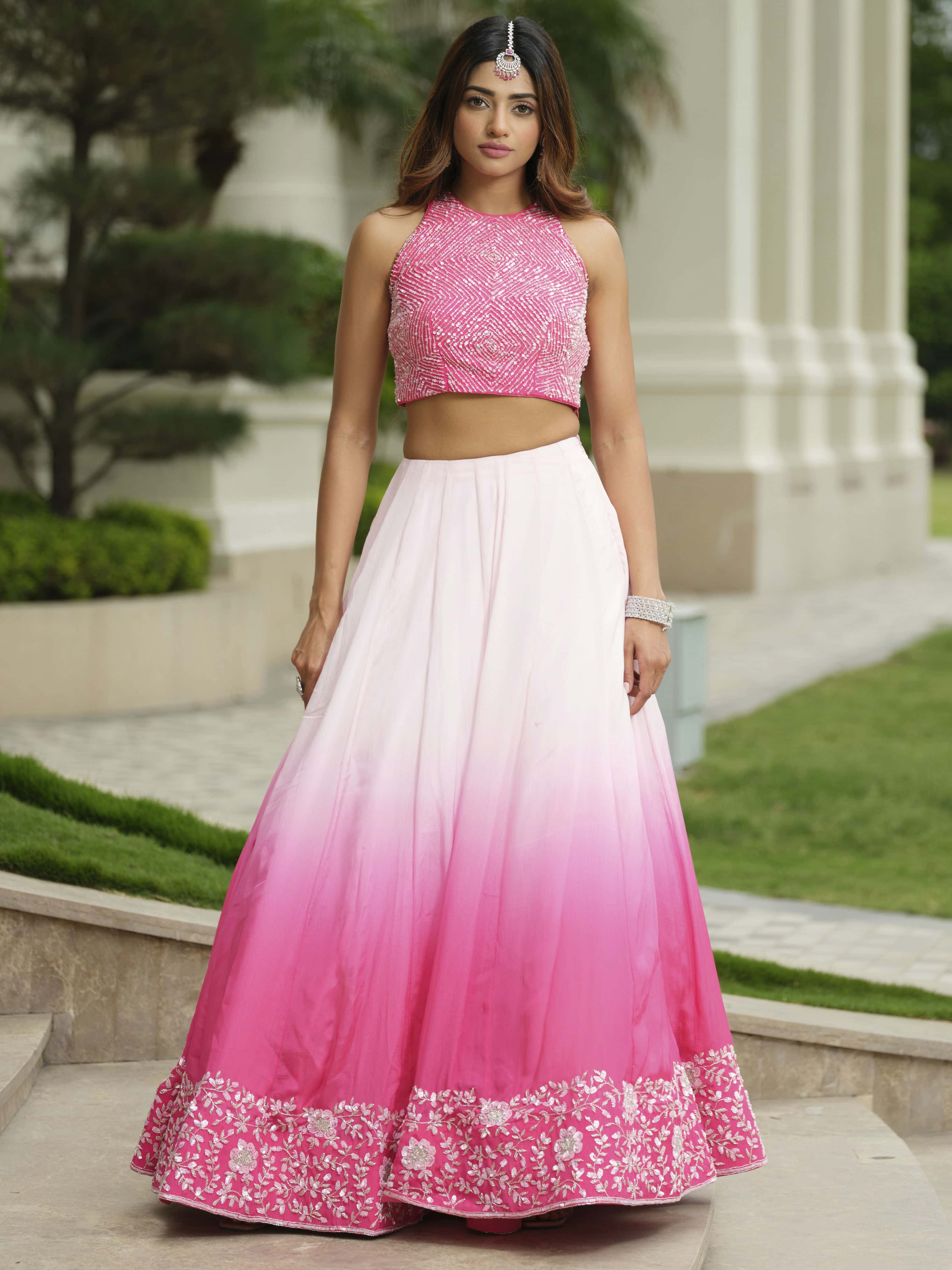 Pink Ombre Beige Lehenga with Floral Sequins Work