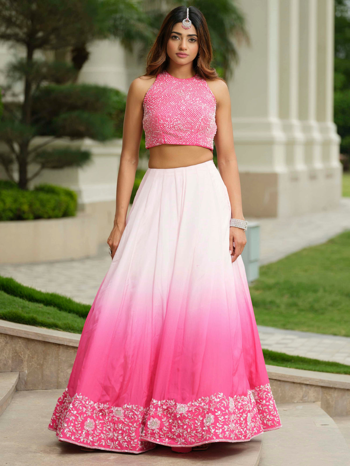 Pink Ombre Beige Lehenga with Floral Sequins Work