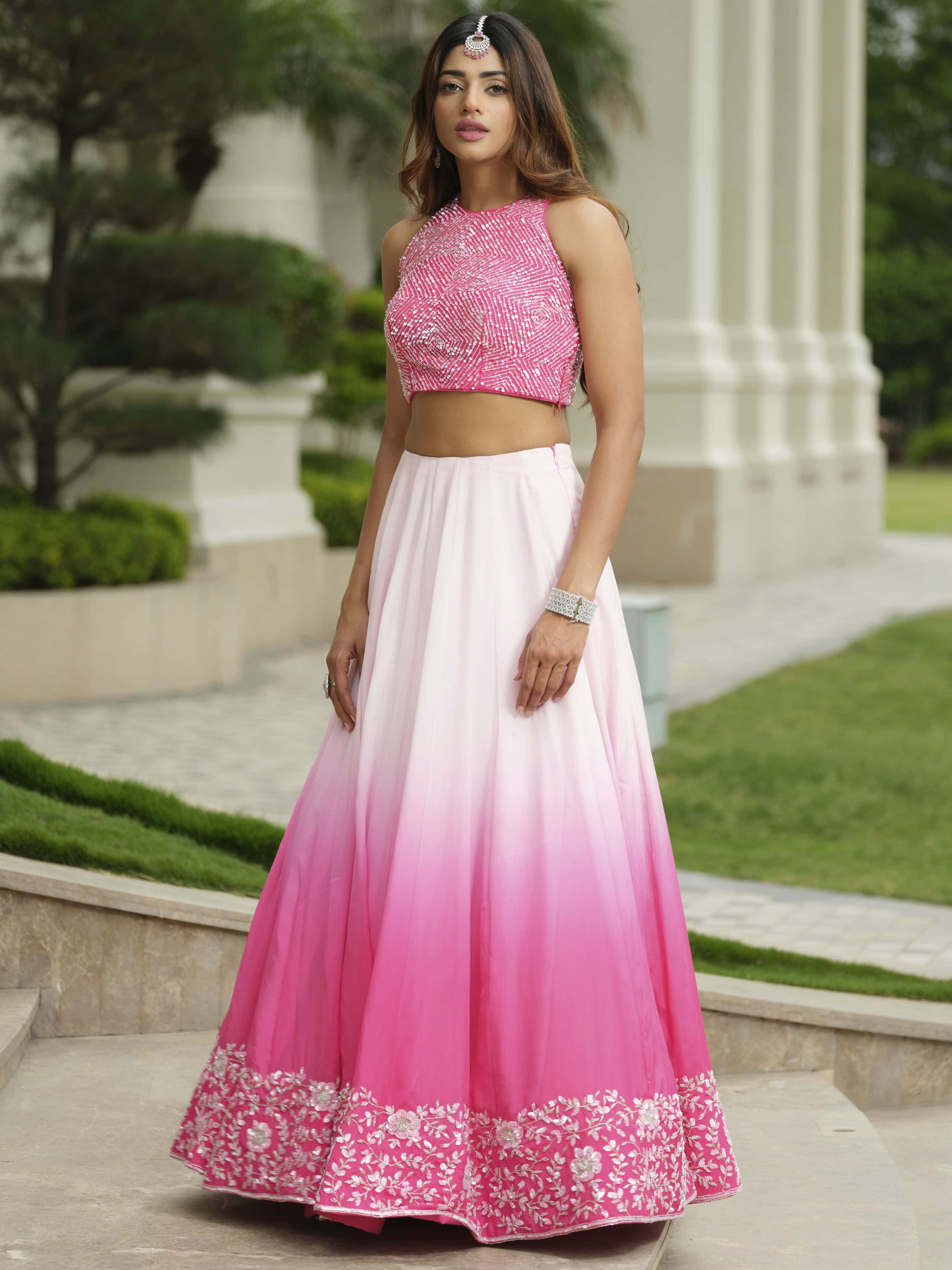 Pink Ombre Beige Lehenga with Floral Sequins Work