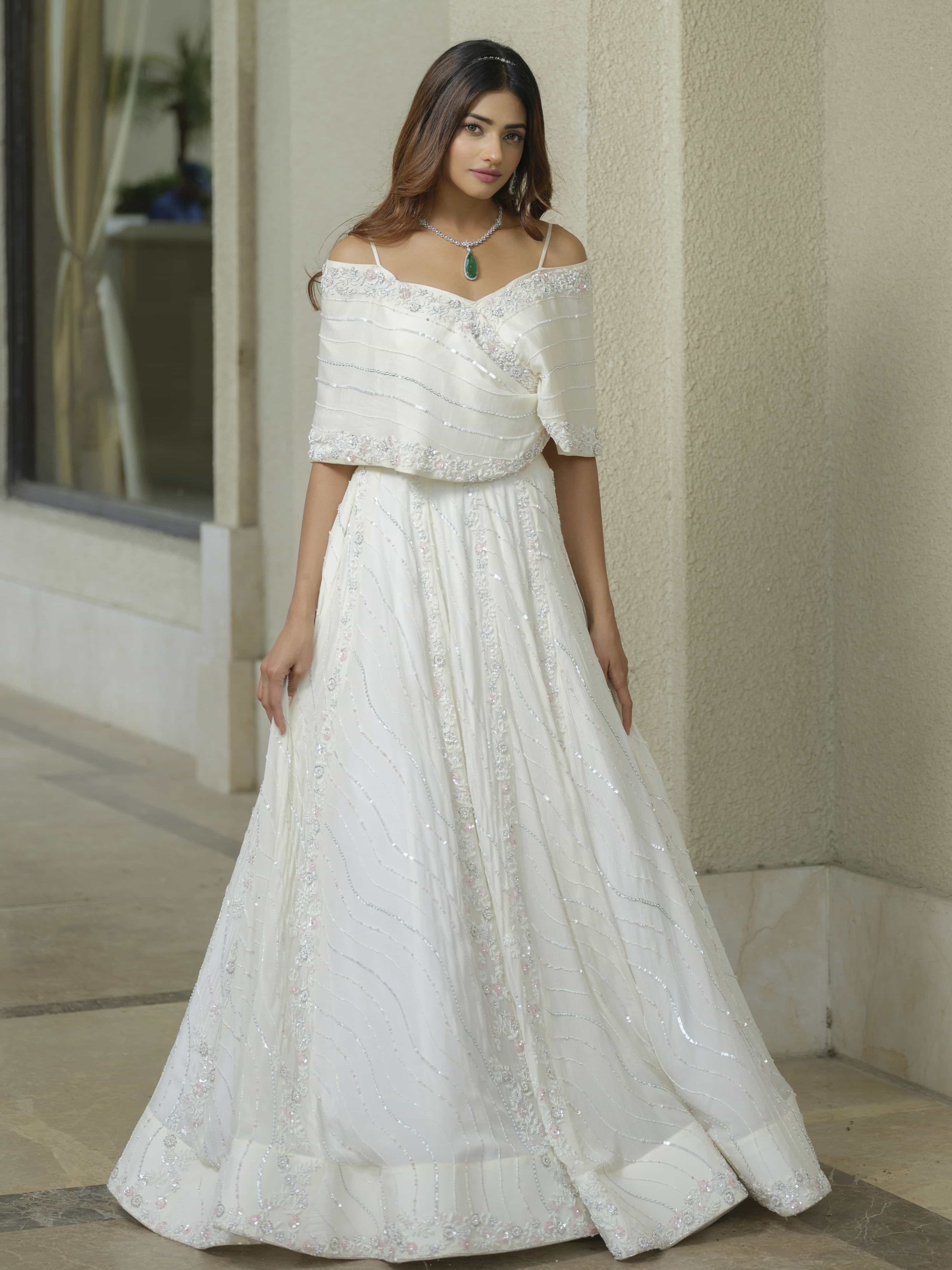 White Off-shoulder Gown with Floral Work